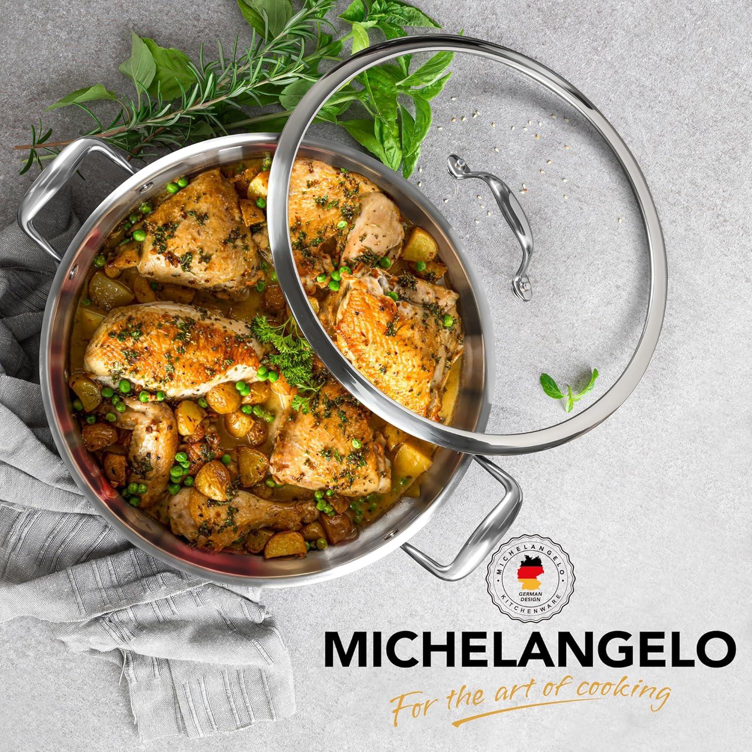 image:imageMICHELANGELO 12 Inch Stainless Steel Pan with Lid Large Saute Pan with Lid Deep Frying Pan Dishwasher amp OvenSafe All Cooktops Compatible 6 QuartSilver Handle