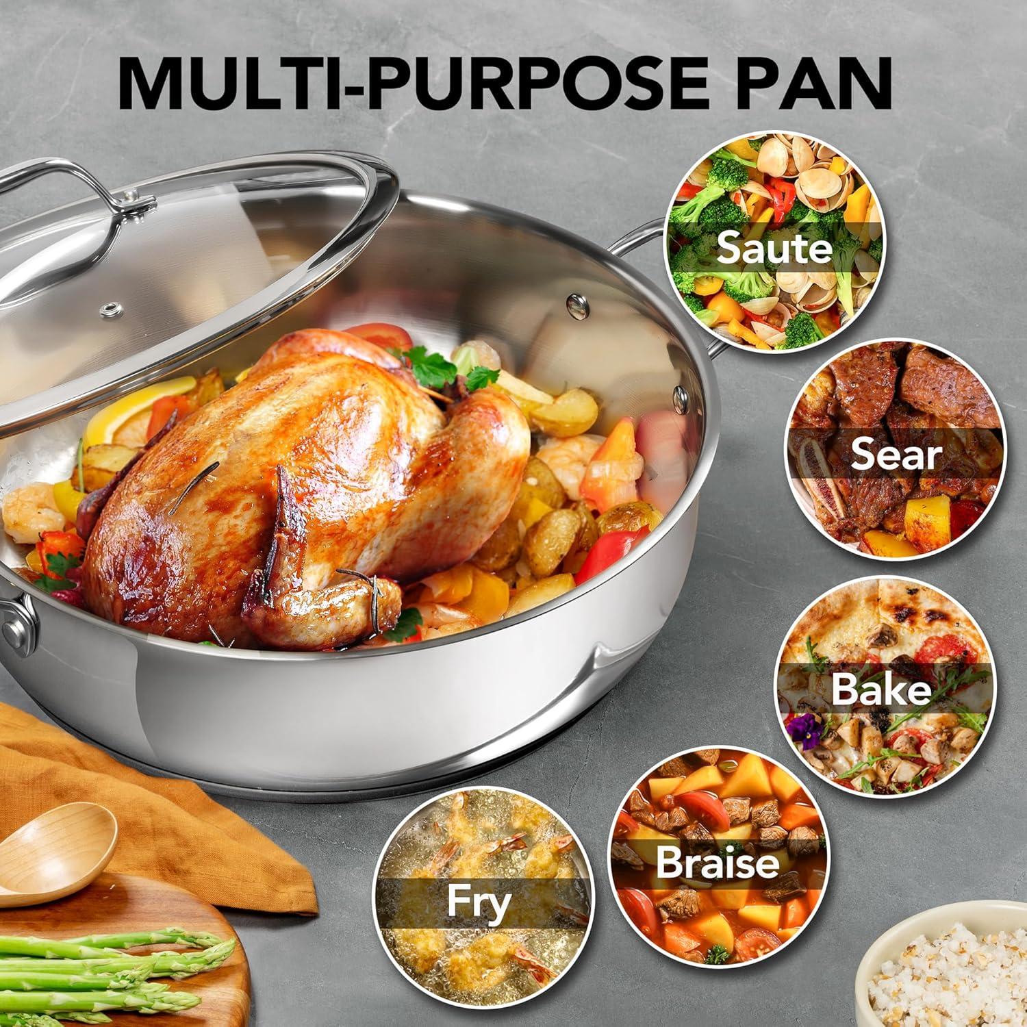 image:imageMICHELANGELO 12 Inch Stainless Steel Pan with Lid Large Saute Pan with Lid Deep Frying Pan Dishwasher amp OvenSafe All Cooktops Compatible 6 QuartSilver Handle