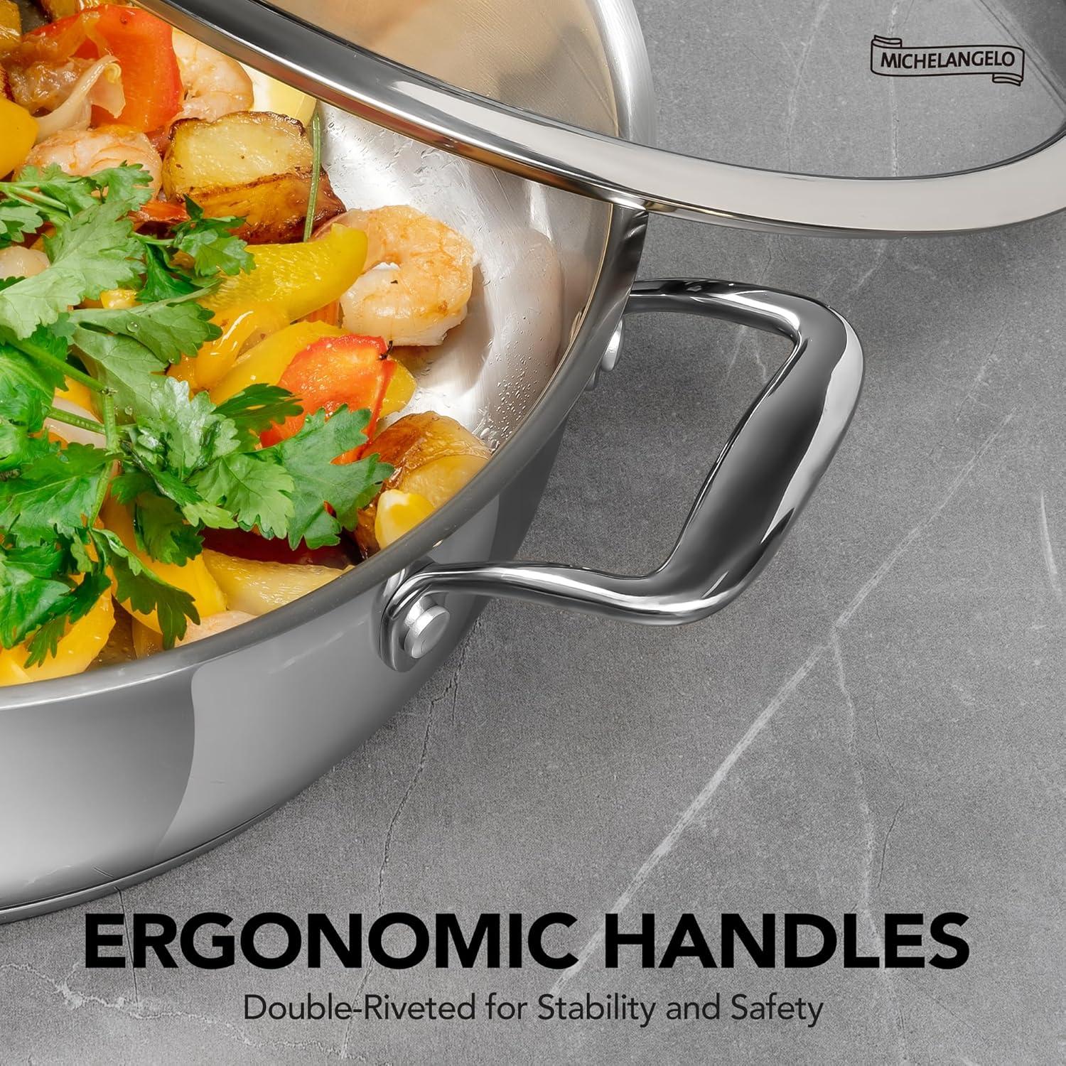 image:imageMICHELANGELO 12 Inch Stainless Steel Pan with Lid Large Saute Pan with Lid Deep Frying Pan Dishwasher amp OvenSafe All Cooktops Compatible 6 QuartSilver Handle