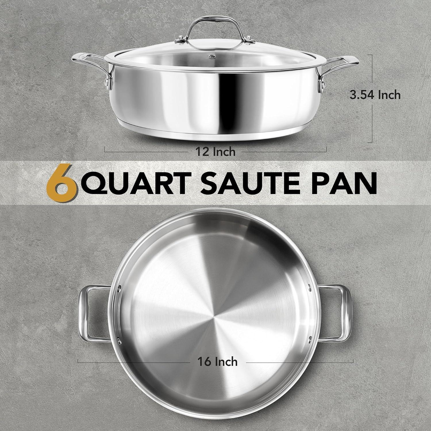 image:imageMICHELANGELO 12 Inch Stainless Steel Pan with Lid Large Saute Pan with Lid Deep Frying Pan Dishwasher amp OvenSafe All Cooktops Compatible 6 QuartSilver Handle