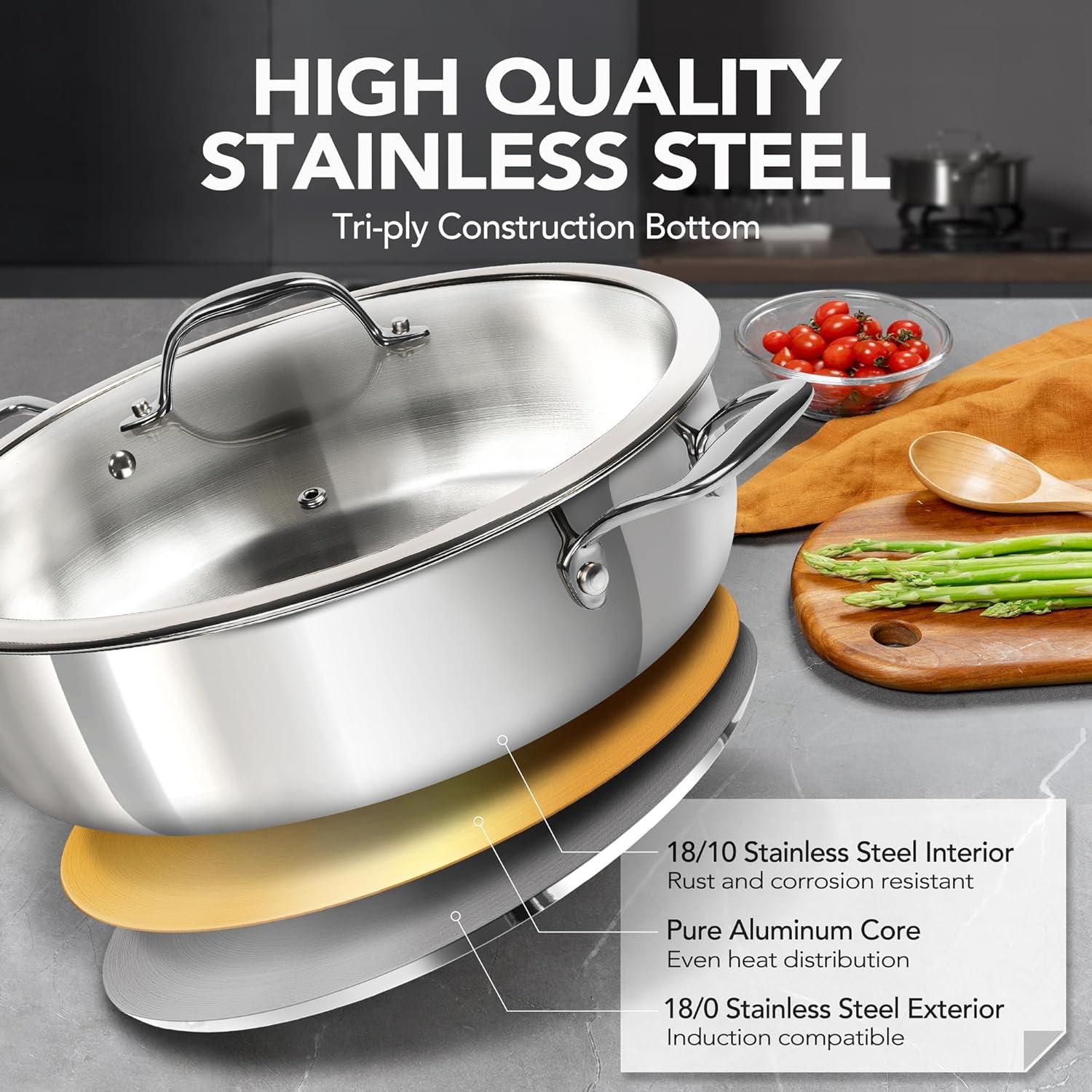image:imageMICHELANGELO 12 Inch Stainless Steel Pan with Lid Large Saute Pan with Lid Deep Frying Pan Dishwasher amp OvenSafe All Cooktops Compatible 6 QuartSilver Handle