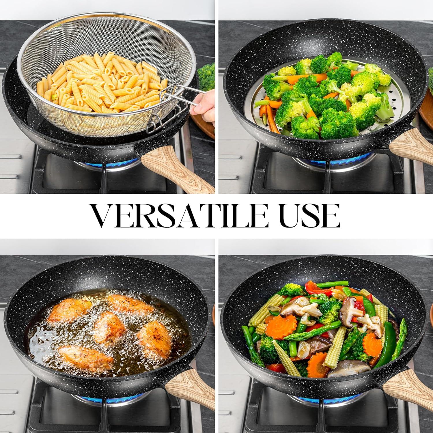 image:imageMICHELANGELO 12 Inch Wok Pan with Lid Woks amp StirFry Pans Nonstick Wok with Lid Stir Fry Pan with CoolTouch Handle Induction Wok Set with Stainless Steamer amp Fryer BasketBlack