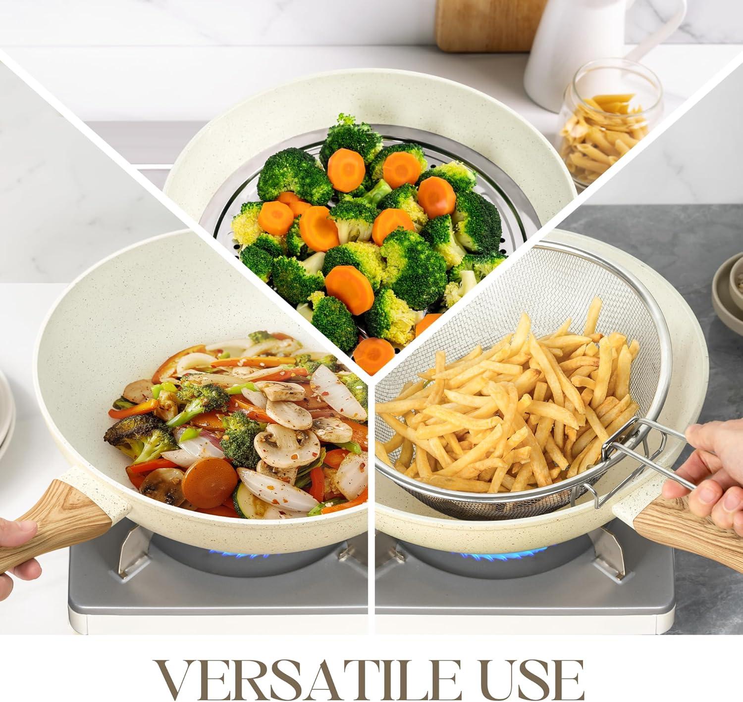 image:imageMICHELANGELO 12 Inch Wok Pan with Lid Woks amp StirFry Pans Nonstick Wok with Lid Stir Fry Pan with CoolTouch Handle Induction Wok Set with Stainless Steamer amp Fryer BasketWhite