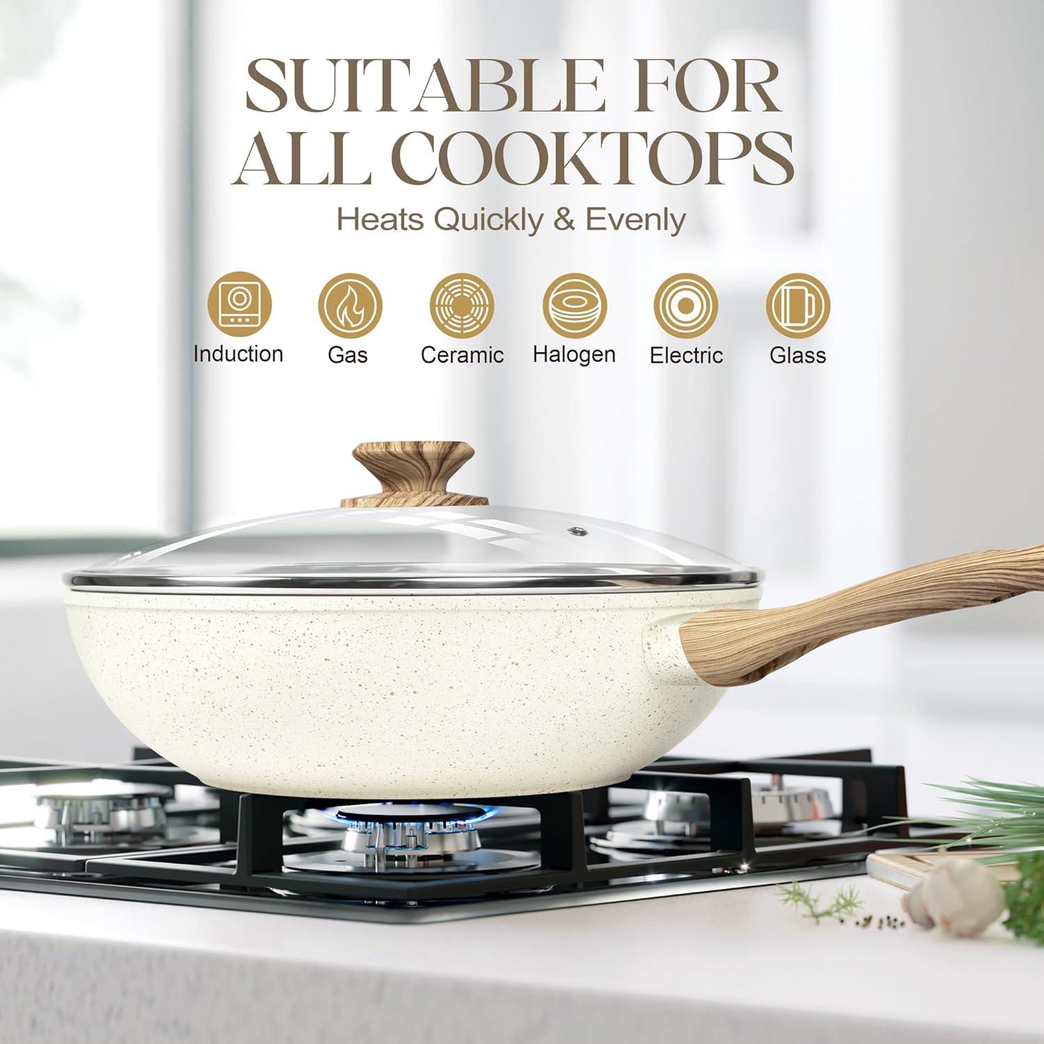image:imageMICHELANGELO 12 Inch Wok Pan with Lid Woks amp StirFry Pans Nonstick Wok with Lid Stir Fry Pan with CoolTouch Handle Induction Wok Set with Stainless Steamer amp Fryer BasketWhite