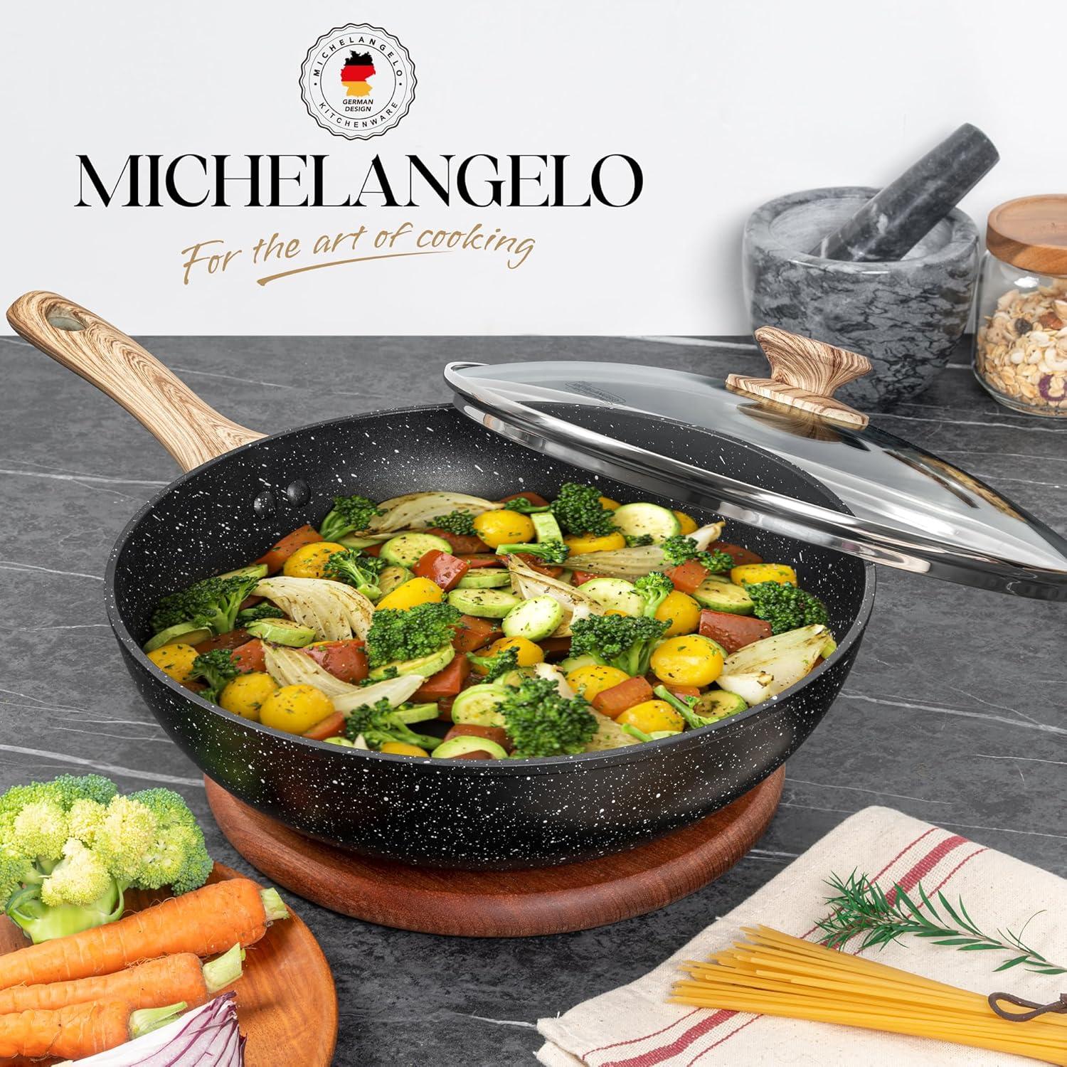 image:imageMICHELANGELO 12 Inch Wok Pan with Lid Woks amp StirFry Pans Nonstick Wok with Lid Stir Fry Pan with CoolTouch Handle Induction Wok Set with Stainless Steamer amp Fryer BasketBlack
