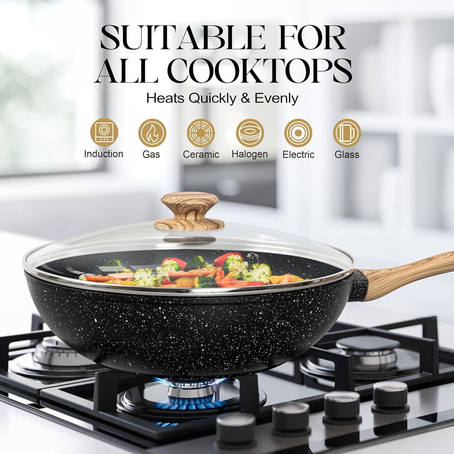 image:imageMICHELANGELO 12 Inch Wok Pan with Lid Woks amp StirFry Pans Nonstick Wok with Lid Stir Fry Pan with CoolTouch Handle Induction Wok Set with Stainless Steamer amp Fryer BasketBlack