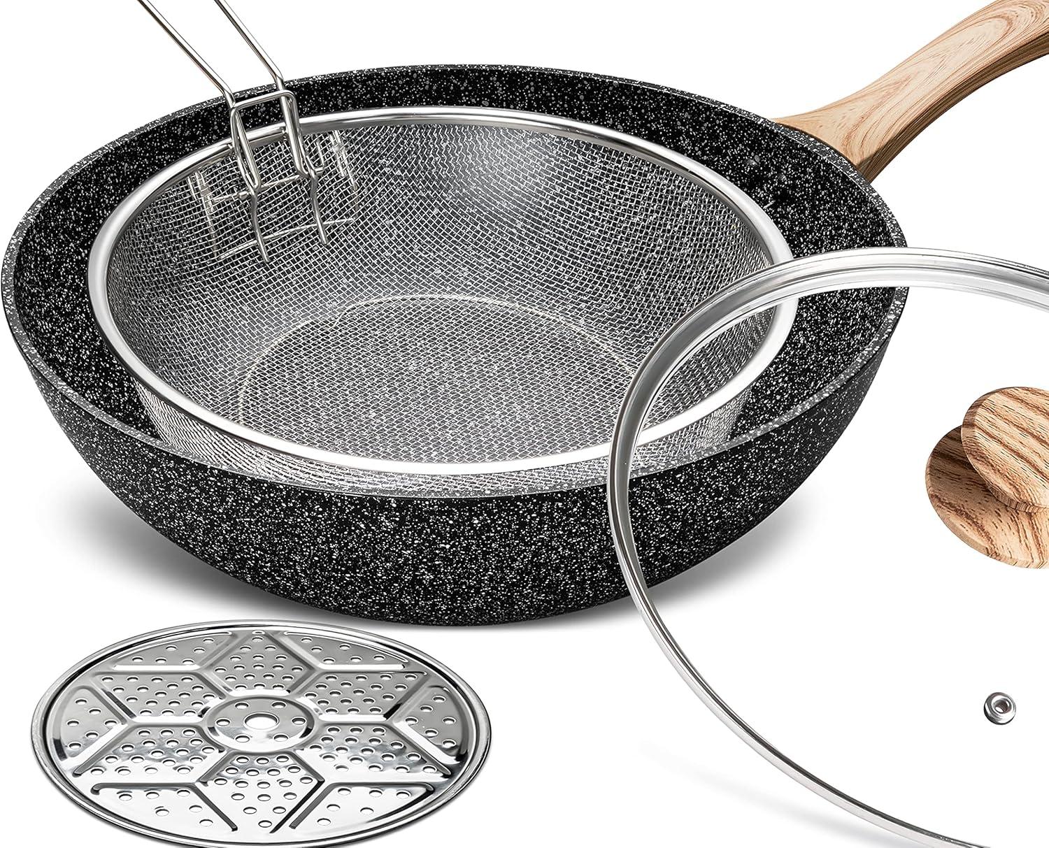image:imageMICHELANGELO 12 Inch Wok Pan with Lid Woks amp StirFry Pans Nonstick Wok with Lid Stir Fry Pan with CoolTouch Handle Induction Wok Set with Stainless Steamer amp Fryer BasketBlack