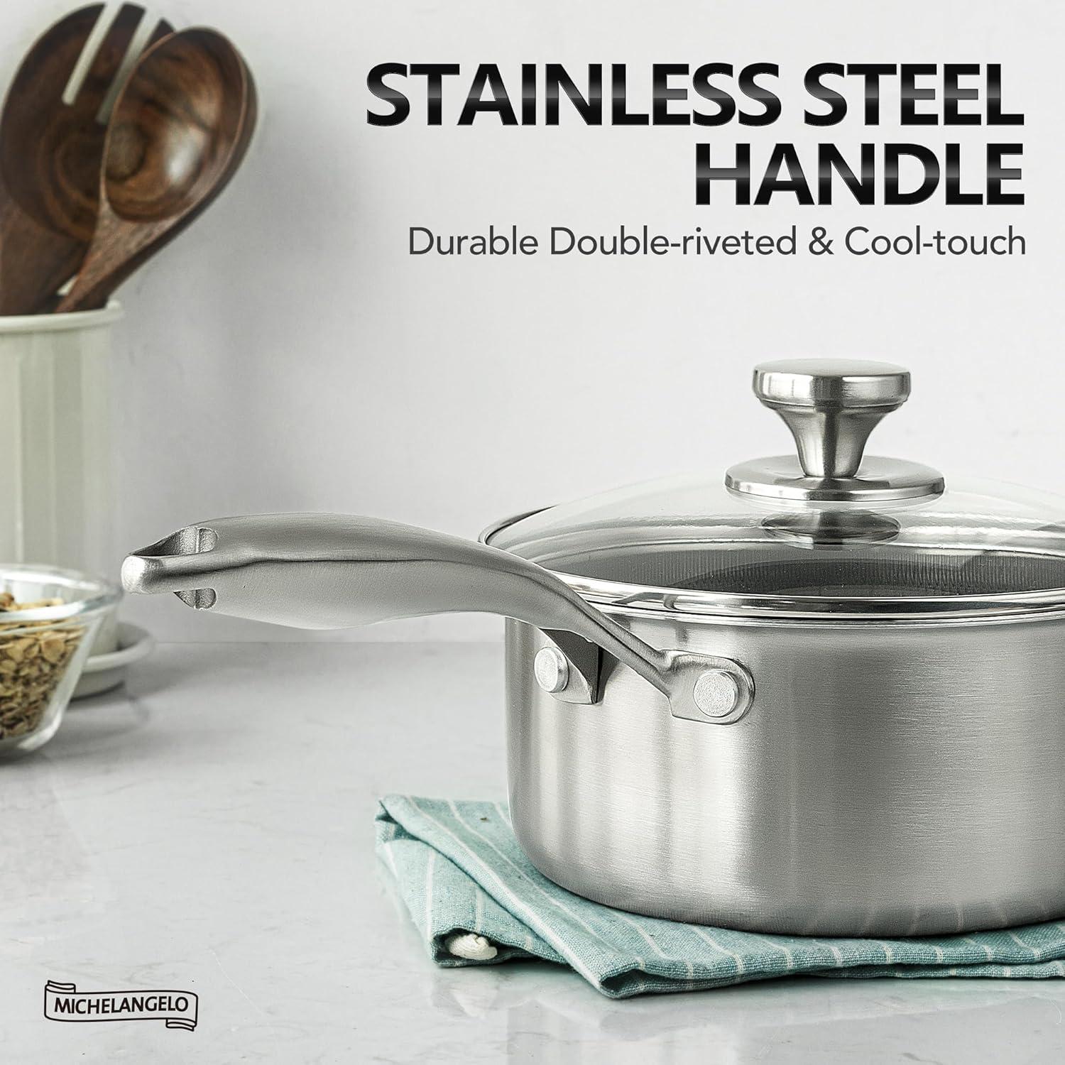 image:imageMICHELANGELO 6 Pcs Triply Stainless Steel Pot Set 2QT amp 3QT amp 8QT Pot with Lids Nonstick HoneyComb Interior Cooking Pot Set Compatible with All Cooktops Oven amp Dishwasher Safe3QT