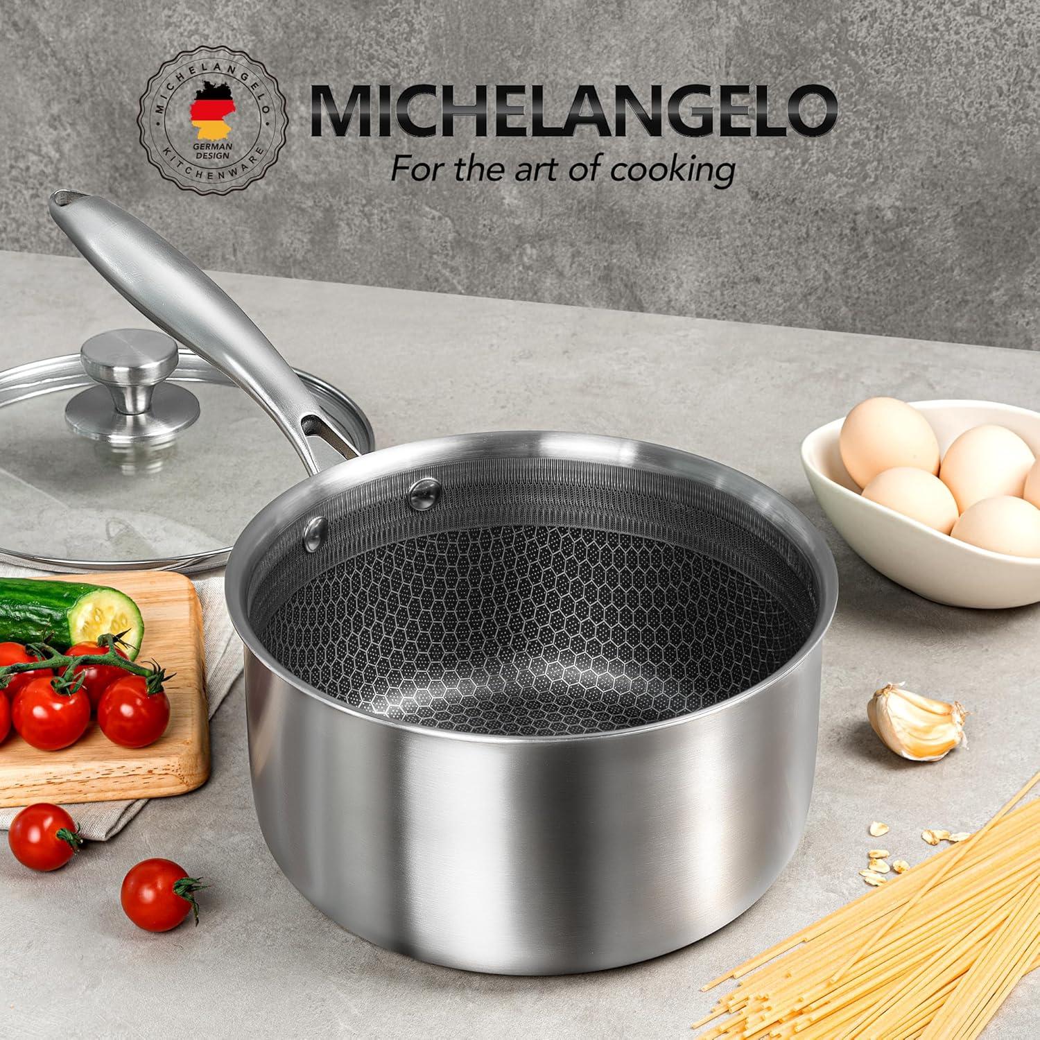 image:imageMICHELANGELO 6 Pcs Triply Stainless Steel Pot Set 2QT amp 3QT amp 8QT Pot with Lids Nonstick HoneyComb Interior Cooking Pot Set Compatible with All Cooktops Oven amp Dishwasher Safe3QT