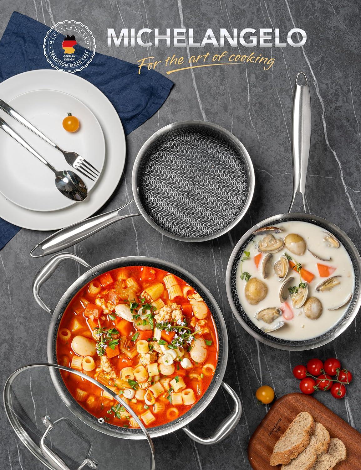 image:imageMICHELANGELO 6 Pcs Triply Stainless Steel Pot Set 2QT amp 3QT amp 8QT Pot with Lids Nonstick HoneyComb Interior Cooking Pot Set Compatible with All Cooktops Oven amp Dishwasher Safe238QT