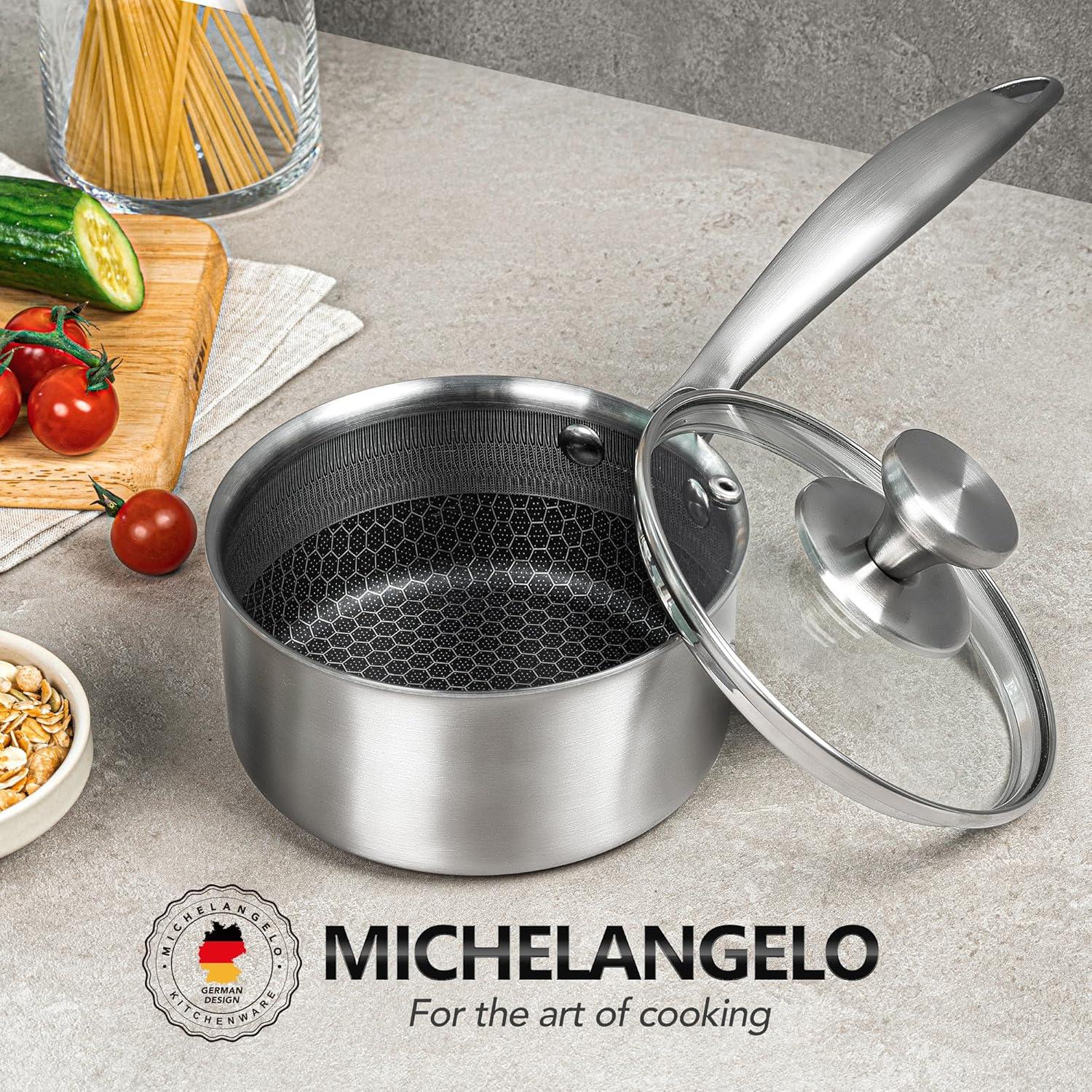 image:imageMICHELANGELO 6 Pcs Triply Stainless Steel Pot Set 2QT amp 3QT amp 8QT Pot with Lids Nonstick HoneyComb Interior Cooking Pot Set Compatible with All Cooktops Oven amp Dishwasher Safe1QT