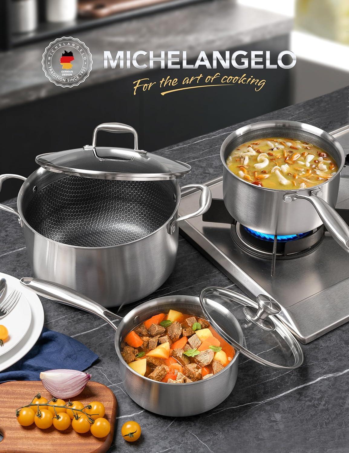 image:imageMICHELANGELO 6 Pcs Triply Stainless Steel Pot Set 2QT amp 3QT amp 8QT Pot with Lids Nonstick HoneyComb Interior Cooking Pot Set Compatible with All Cooktops Oven amp Dishwasher Safe238QT
