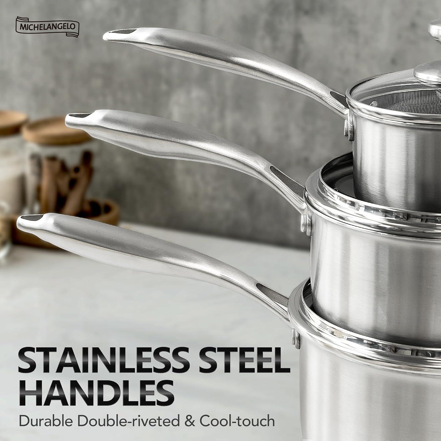 image:imageMICHELANGELO 6 Pcs Triply Stainless Steel Pot Set 2QT amp 3QT amp 8QT Pot with Lids Nonstick HoneyComb Interior Cooking Pot Set Compatible with All Cooktops Oven amp Dishwasher Safe123QT