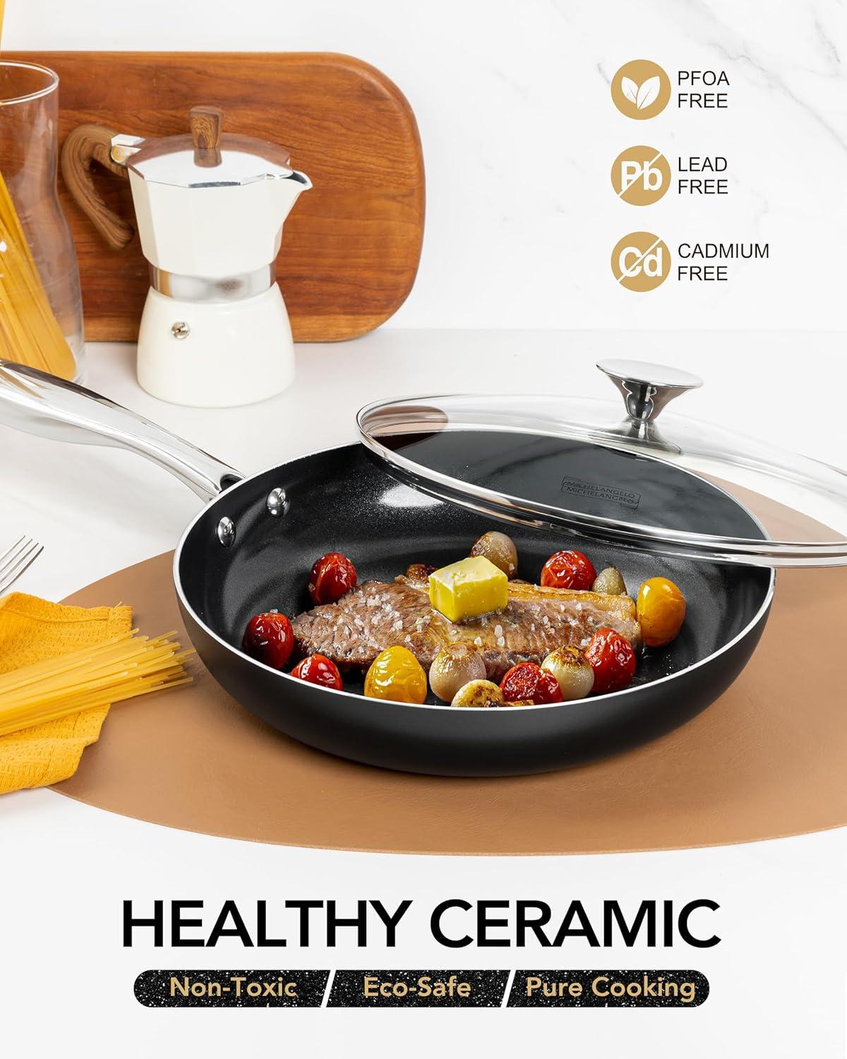 image:imageMICHELANGELO Ceramic Frying Pan 10 Inch Frying Pan Nonstick with Lid NonToxic Skillet with Stainless Steel Handle Nonstick Skillet BlackBlack