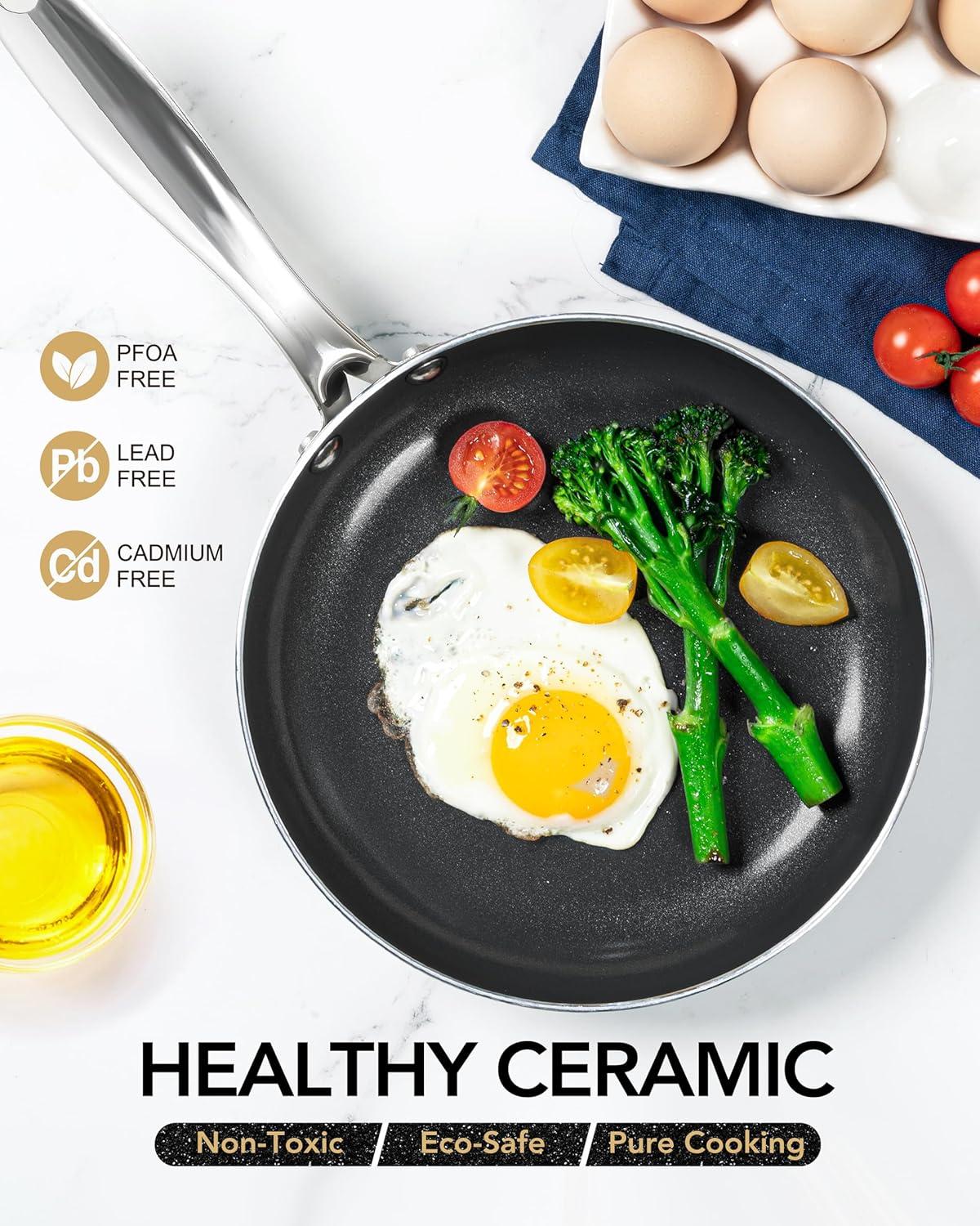 image:imageMICHELANGELO Ceramic Frying Pan 10 Inch Frying Pan Nonstick with Lid NonToxic Skillet with Stainless Steel Handle Nonstick Skillet BlackBlack