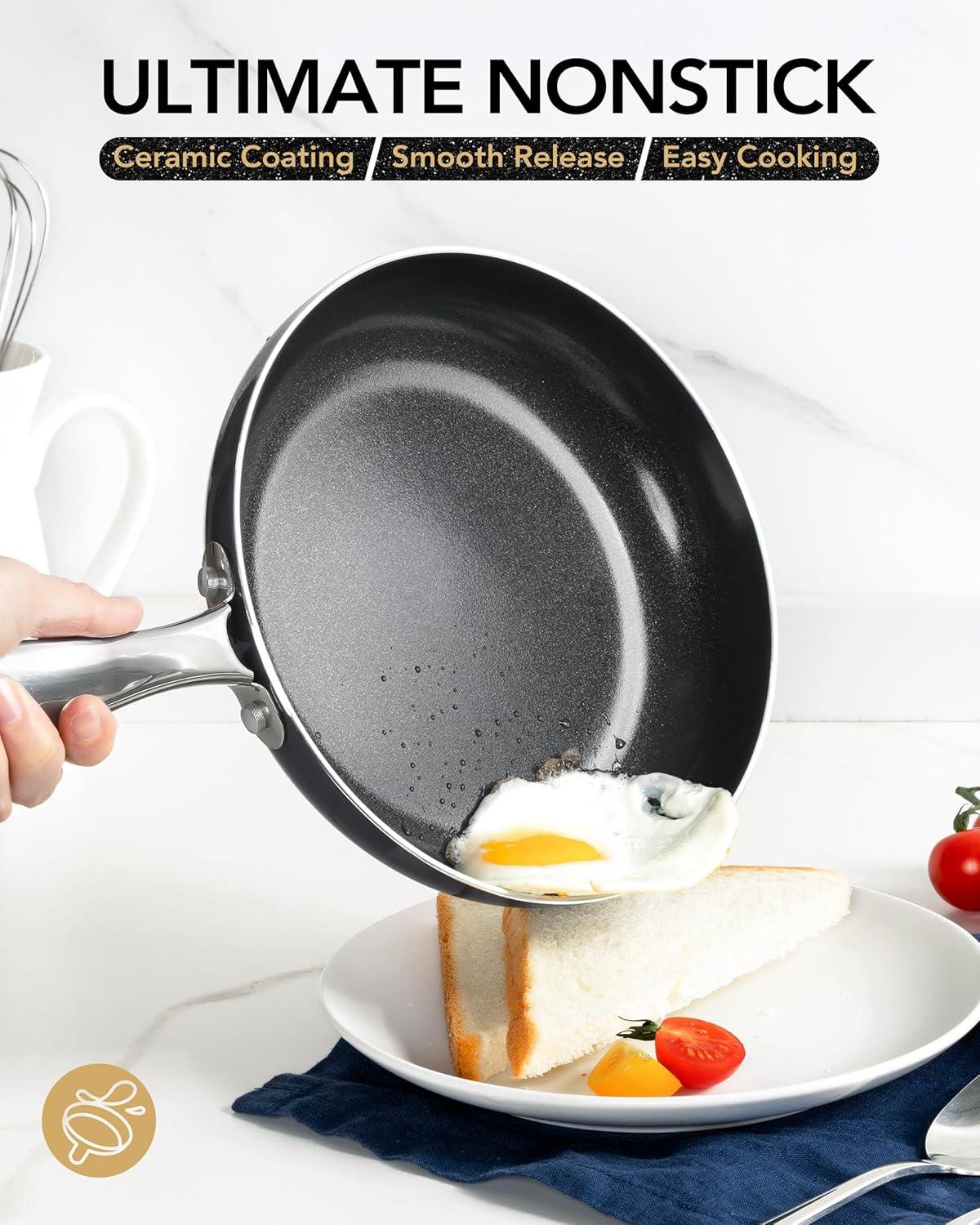 image:imageMICHELANGELO Ceramic Frying Pan 10 Inch Frying Pan Nonstick with Lid NonToxic Skillet with Stainless Steel Handle Nonstick Skillet BlackBlack