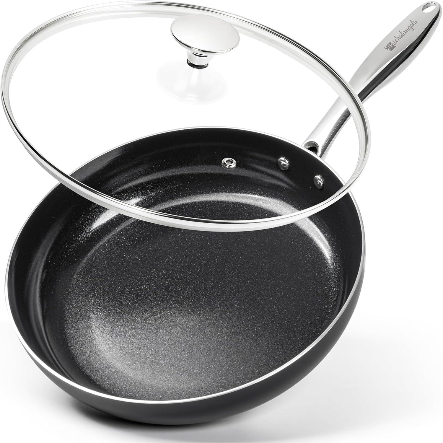 image:imageMICHELANGELO Ceramic Frying Pan 10 Inch Frying Pan Nonstick with Lid NonToxic Skillet with Stainless Steel Handle Nonstick Skillet BlackBlack