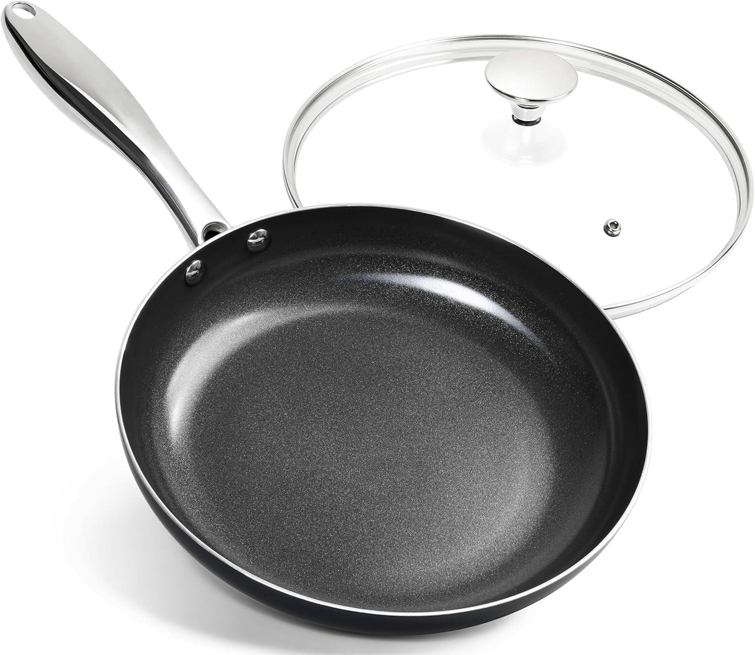 image:imageMICHELANGELO Ceramic Frying Pan 10 Inch Frying Pan Nonstick with Lid NonToxic Skillet with Stainless Steel Handle Nonstick Skillet BlackBlack