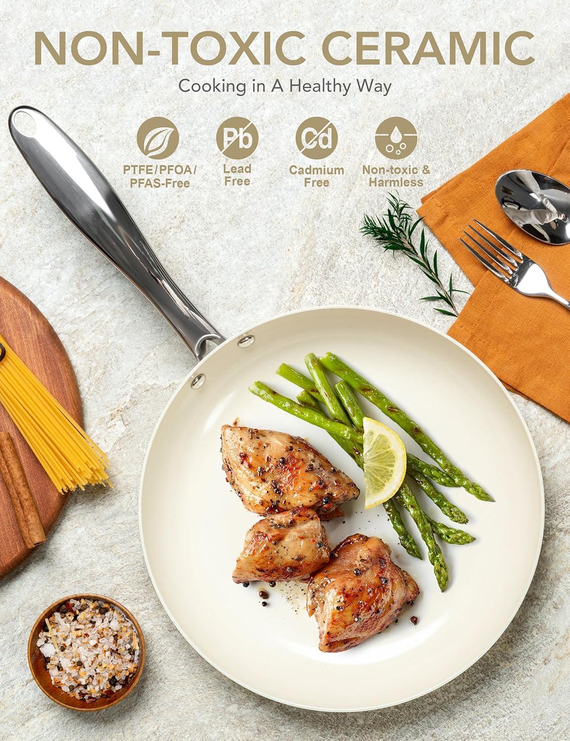 image:imageMICHELANGELO Ceramic Frying Pan 10 Inch Frying Pan Nonstick with Lid NonToxic Skillet with Stainless Steel Handle Nonstick Skillet BlackCream White