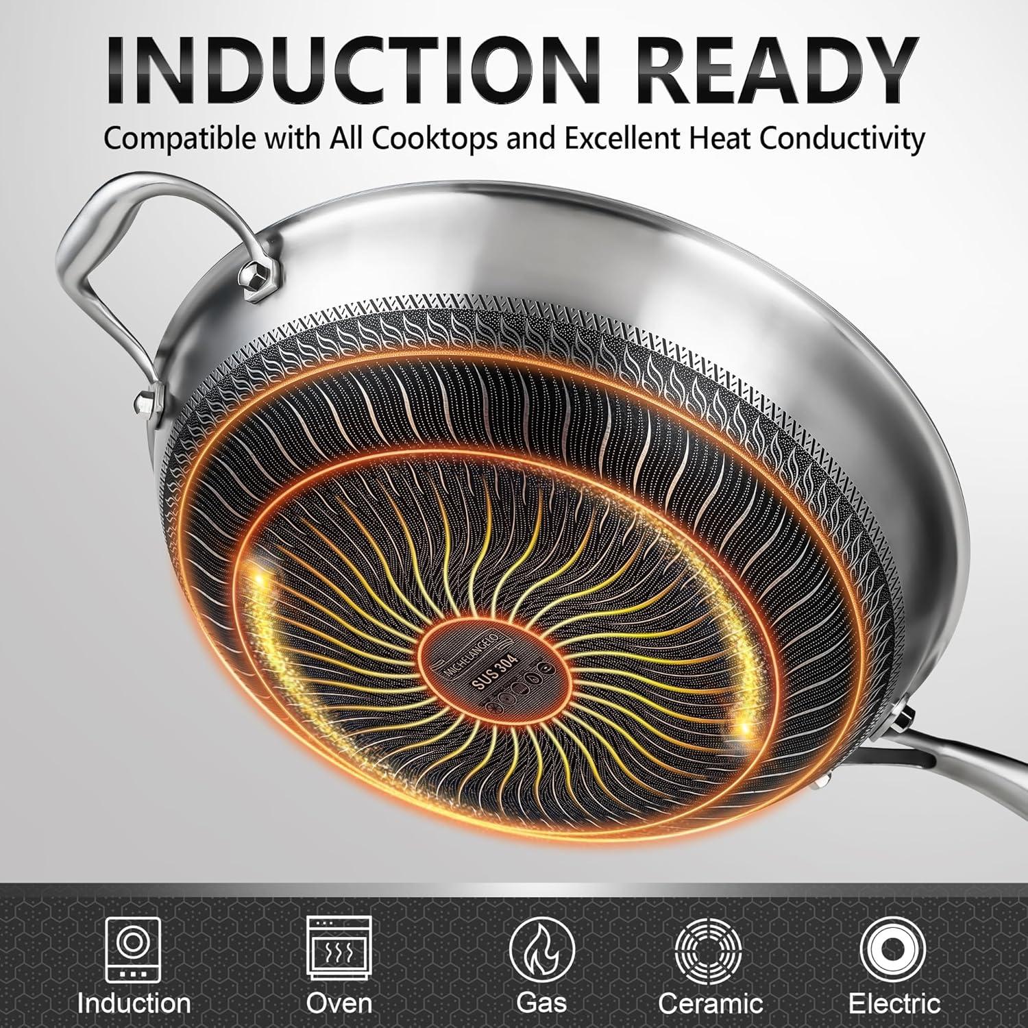 image:imageMICHELANGELO Honeycomb Wok Pan with Lid 125 Inch Stainless Steel Woks amp Stirfry Pans with Stay Cool Handle Flat Bottom Wok with Vertical Lid Induction Wok Dishwasher Oven Safe125 Inch
