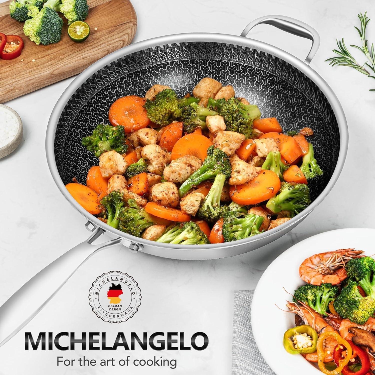 image:imageMICHELANGELO Honeycomb Wok Pan with Lid 125 Inch Stainless Steel Woks amp Stirfry Pans with Stay Cool Handle Flat Bottom Wok with Vertical Lid Induction Wok Dishwasher Oven Safe125 Inch