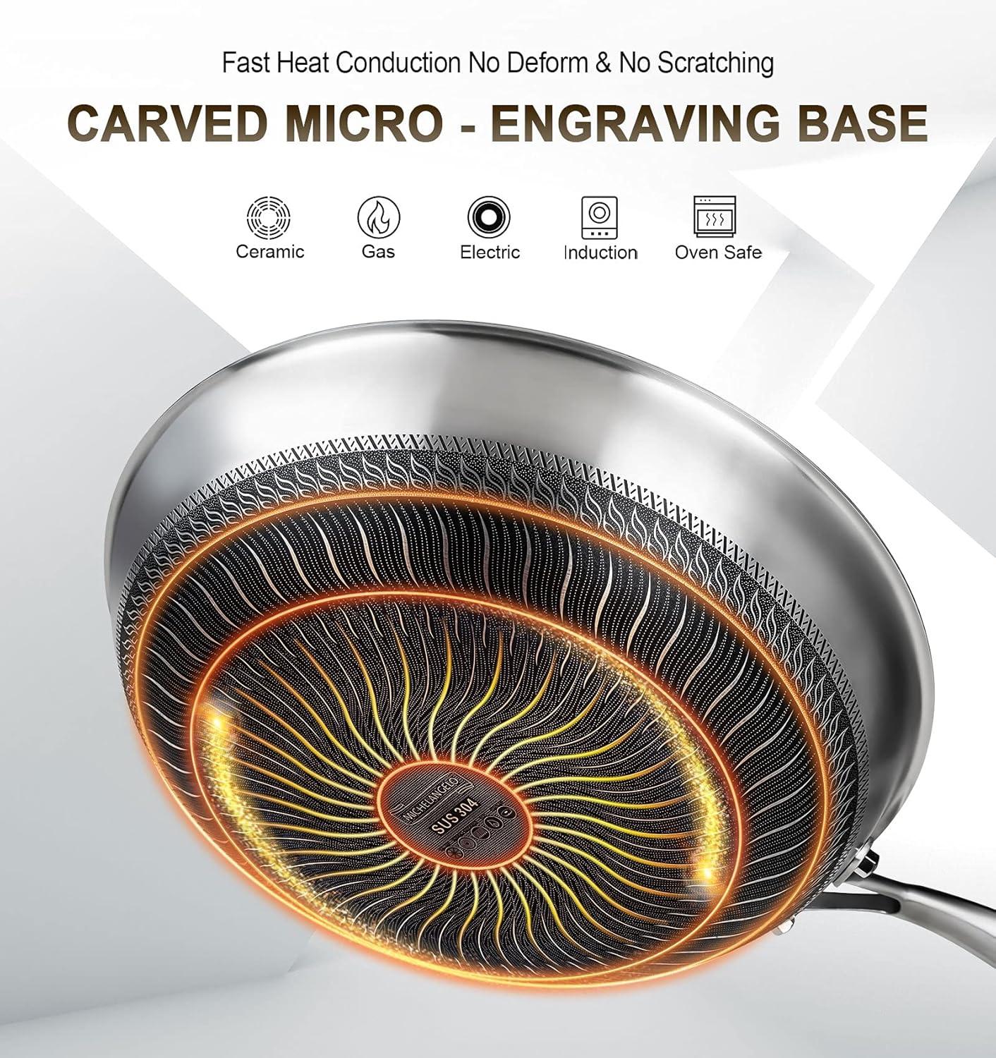 image:imageMICHELANGELO Honeycomb Wok Pan with Lid 125 Inch Stainless Steel Woks amp Stirfry Pans with Stay Cool Handle Flat Bottom Wok with Vertical Lid Induction Wok Dishwasher Oven Safe12 Inch Set