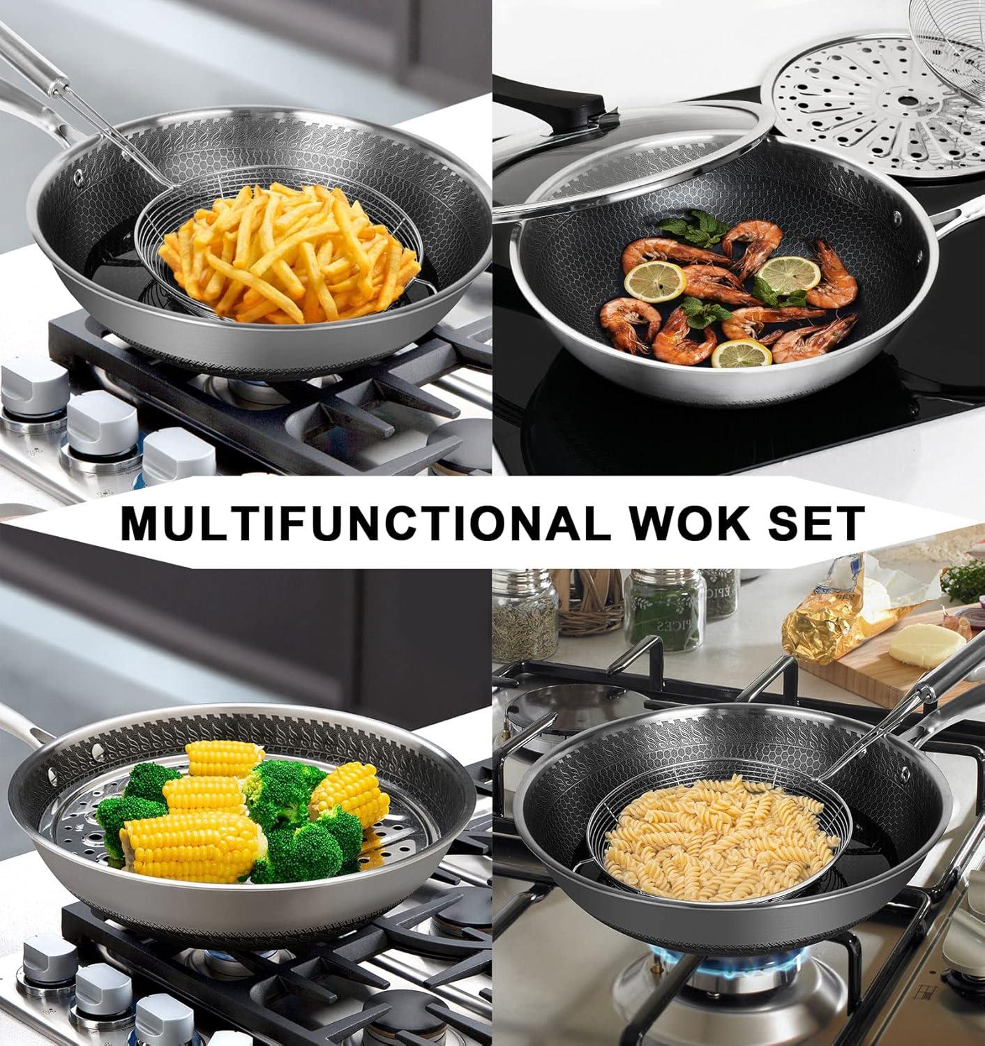 image:imageMICHELANGELO Honeycomb Wok Pan with Lid 125 Inch Stainless Steel Woks amp Stirfry Pans with Stay Cool Handle Flat Bottom Wok with Vertical Lid Induction Wok Dishwasher Oven Safe12 Inch Set