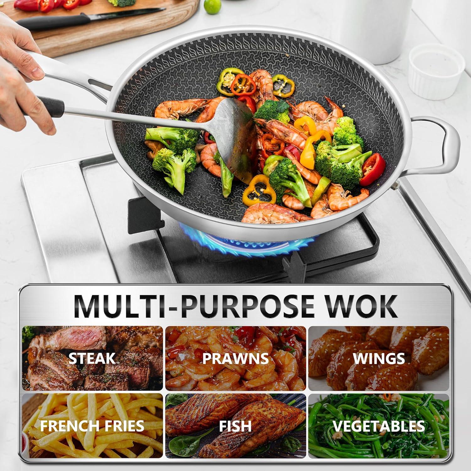 image:imageMICHELANGELO Honeycomb Wok Pan with Lid 125 Inch Stainless Steel Woks amp Stirfry Pans with Stay Cool Handle Flat Bottom Wok with Vertical Lid Induction Wok Dishwasher Oven Safe125 Inch