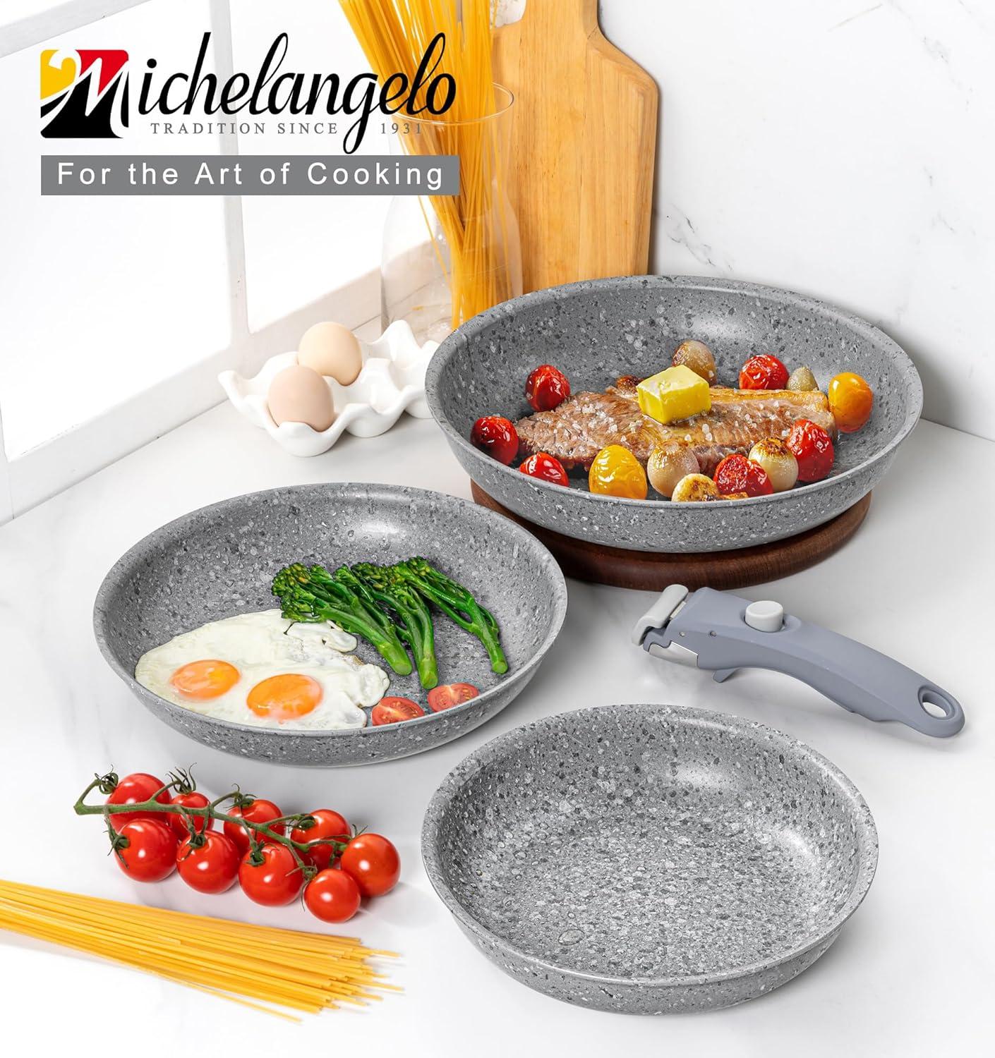 image:imageMICHELANGELO Nonstick Frying Pan Set Non Toxic Frying Pans with Removable Handle Granite Coating Non Stick Skillet Set of 3 Induction Compatible 8 95 and 11 BlackGray