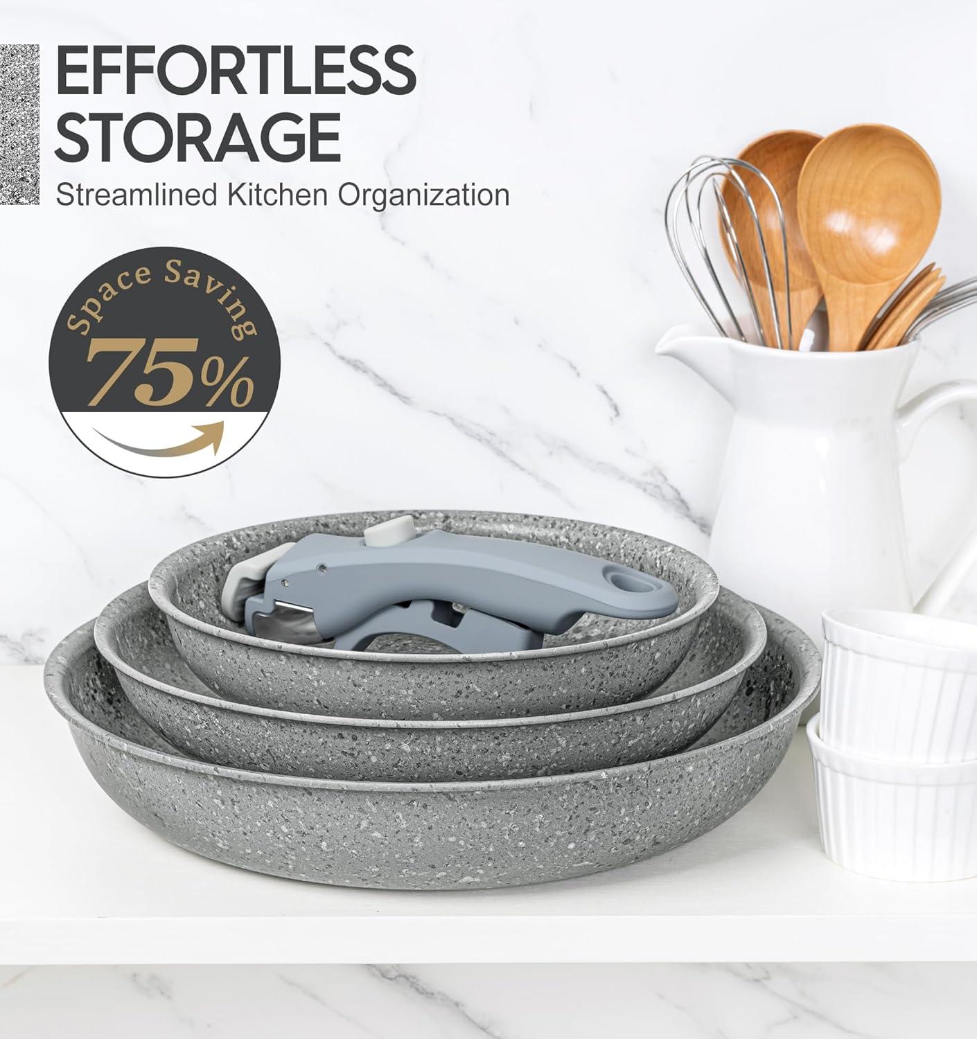 image:imageMICHELANGELO Nonstick Frying Pan Set Non Toxic Frying Pans with Removable Handle Granite Coating Non Stick Skillet Set of 3 Induction Compatible 8 95 and 11 BlackGray