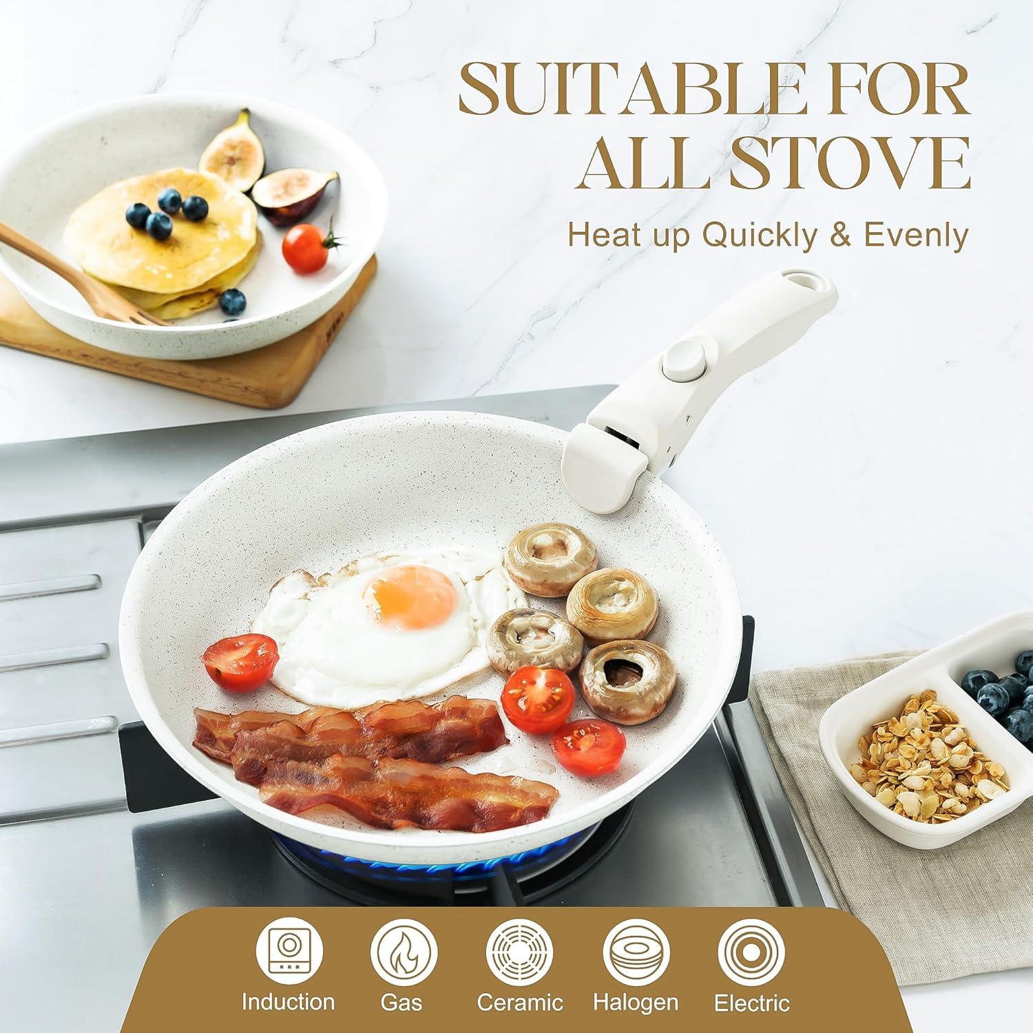 image:imageMICHELANGELO Nonstick Frying Pan Set Non Toxic Frying Pans with Removable Handle Granite Coating Non Stick Skillet Set of 3 Induction Compatible 8 95 and 11 BlackWhite