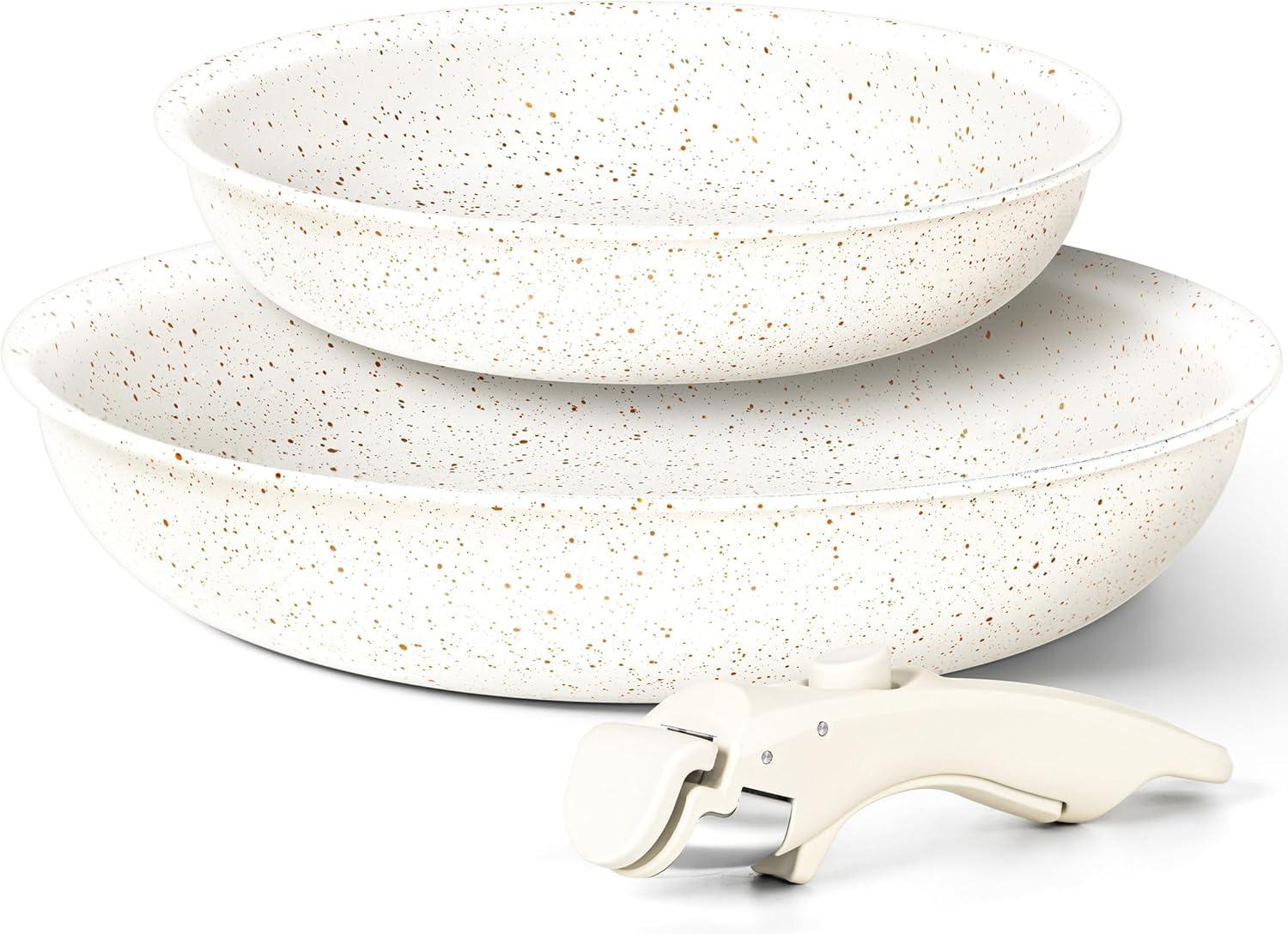 image:imageMICHELANGELO Nonstick Frying Pan Set Non Toxic Frying Pans with Removable Handle Granite Coating Non Stick Skillet Set of 3 Induction Compatible 8 95 and 11 BlackWhite