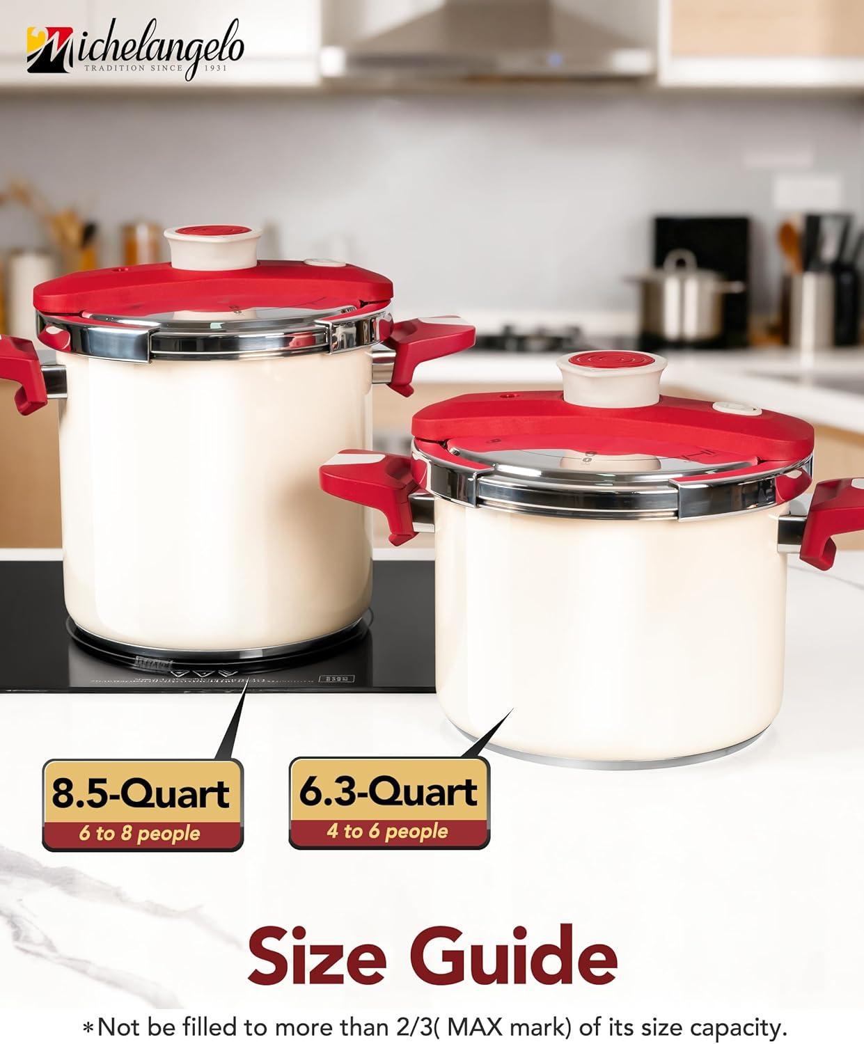 image:imageMICHELANGELO Pressure Cooker Stainless Steel 63 Quart 3in1 Pressure Pot OneHand Locking System Olla de Presion Colorful Design Induction Compatible with Glass Lid amp Steamer85 Quarts