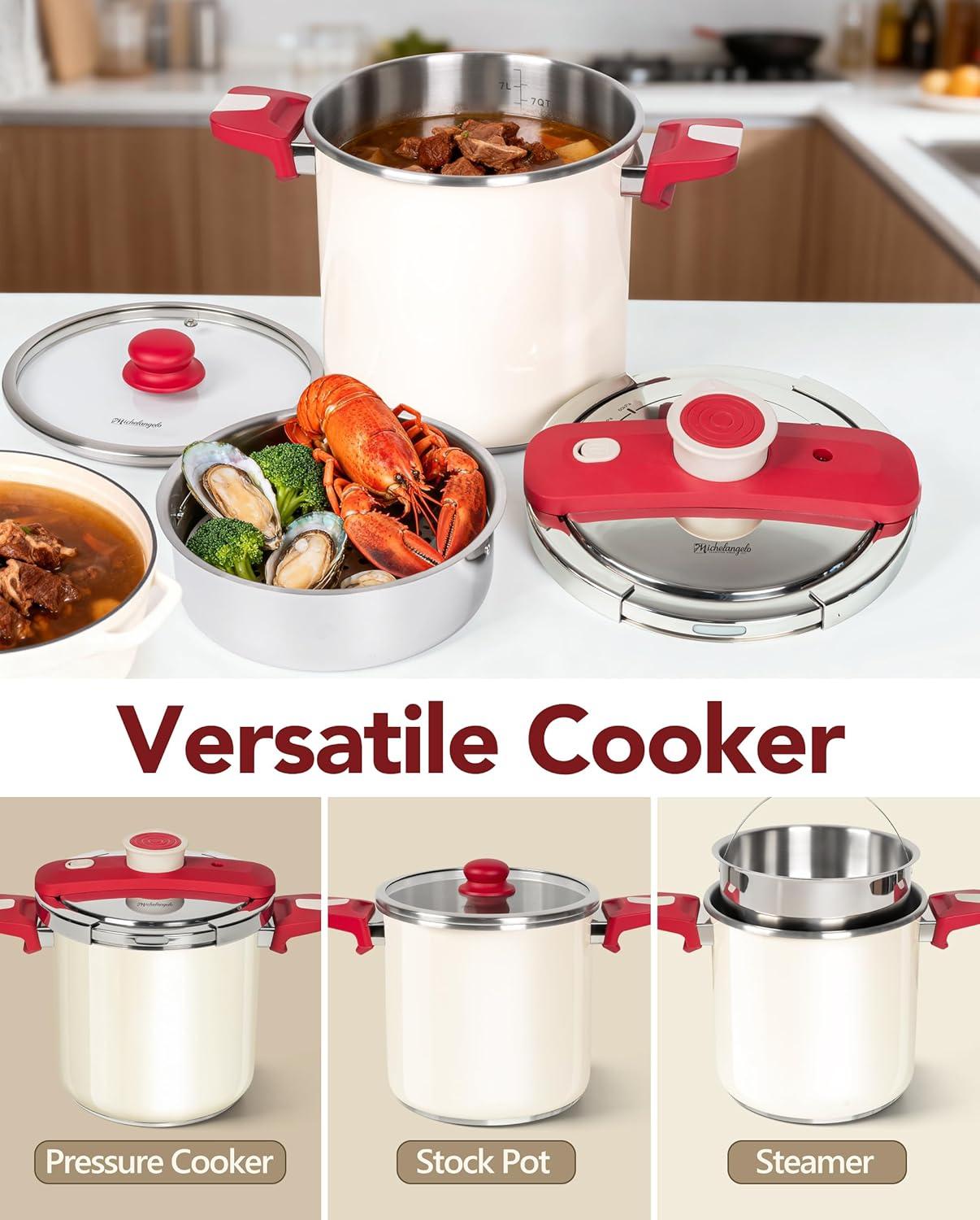 image:imageMICHELANGELO Pressure Cooker Stainless Steel 63 Quart 3in1 Pressure Pot OneHand Locking System Olla de Presion Colorful Design Induction Compatible with Glass Lid amp Steamer85 Quarts