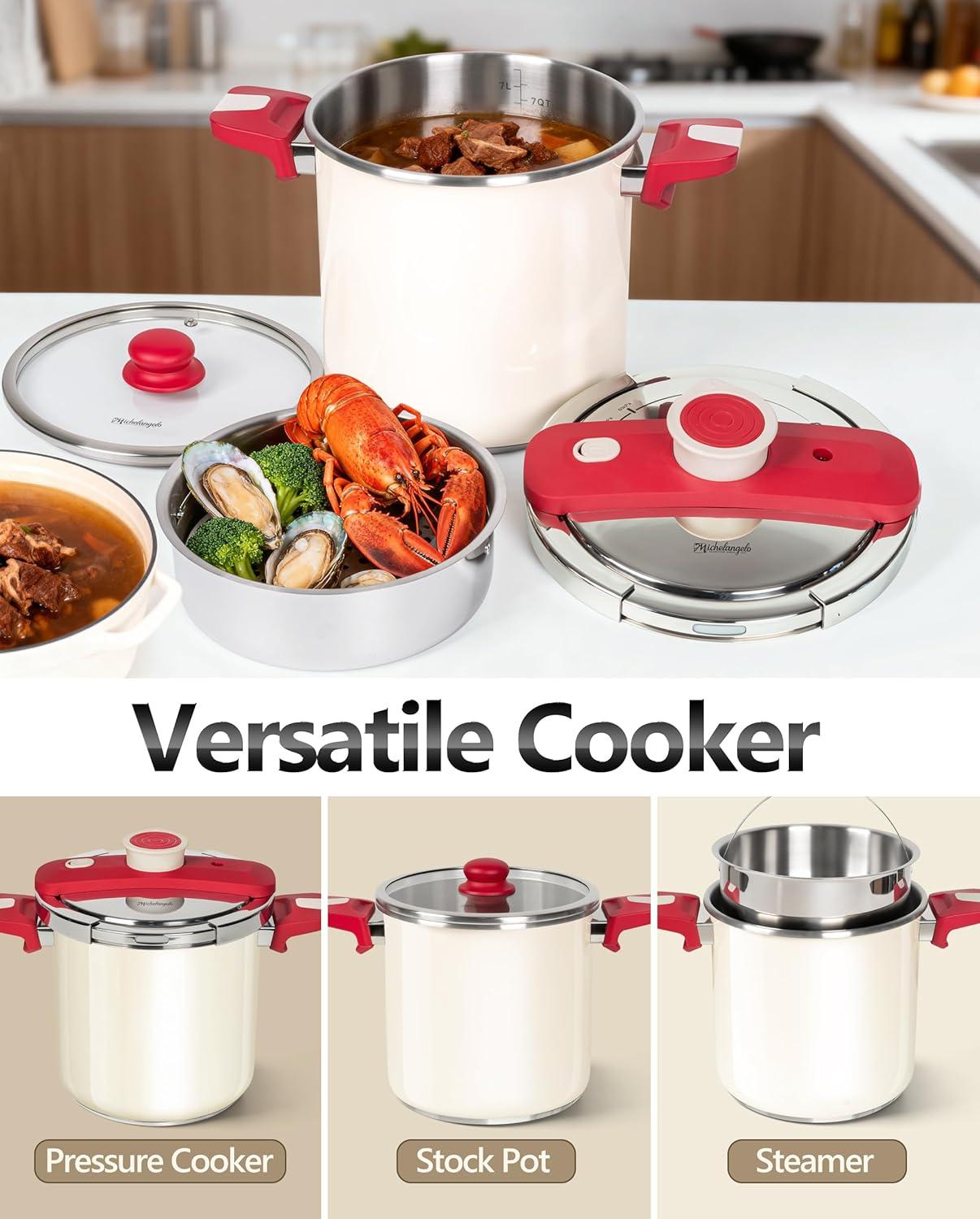 image:imageMICHELANGELO Pressure Cooker Stainless Steel 63 Quart 3in1 Pressure Pot OneHand Locking System Olla de Presion Colorful Design Induction Compatible with Glass Lid amp Steamer63 Quarts