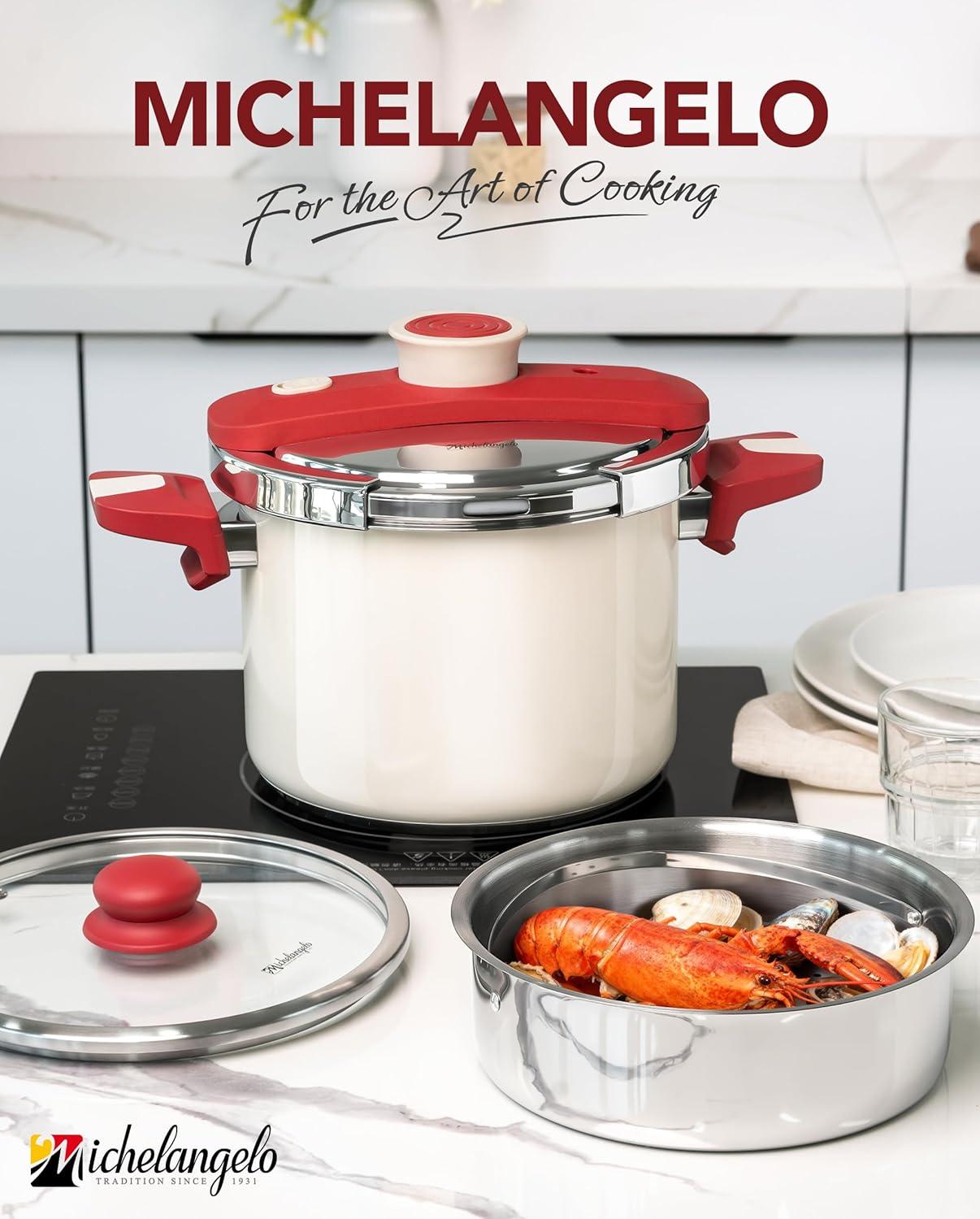 image:imageMICHELANGELO Pressure Cooker Stainless Steel 63 Quart 3in1 Pressure Pot OneHand Locking System Olla de Presion Colorful Design Induction Compatible with Glass Lid amp Steamer85 Quarts
