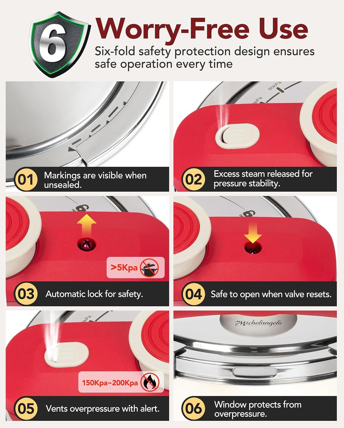 image:imageMICHELANGELO Pressure Cooker Stainless Steel 63 Quart 3in1 Pressure Pot OneHand Locking System Olla de Presion Colorful Design Induction Compatible with Glass Lid amp Steamer85 Quarts