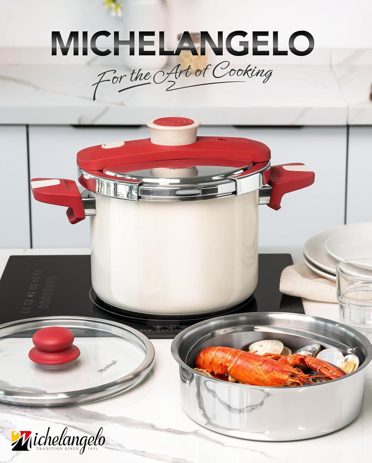 image:imageMICHELANGELO Pressure Cooker Stainless Steel 63 Quart 3in1 Pressure Pot OneHand Locking System Olla de Presion Colorful Design Induction Compatible with Glass Lid amp Steamer63 Quarts