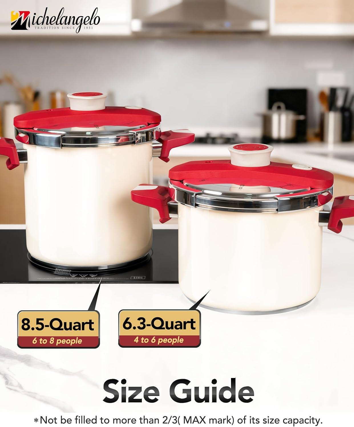 image:imageMICHELANGELO Pressure Cooker Stainless Steel 63 Quart 3in1 Pressure Pot OneHand Locking System Olla de Presion Colorful Design Induction Compatible with Glass Lid amp Steamer63 Quarts