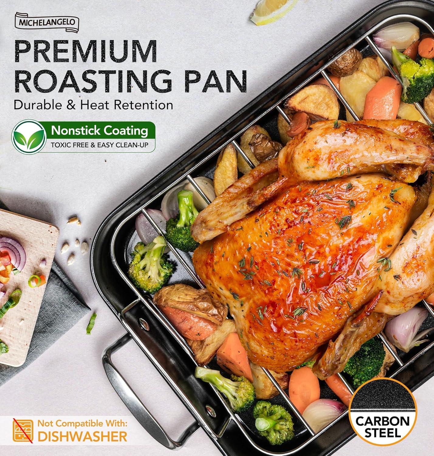 image:imageMICHELANGELO Roasting Pan with Rack Carbon Steel Turkey Roasting Pan for Oven and Induction Nonstick Turkey Roaster Pan with Stainless Steel Golden Rack amp Golden Handle 15 Inch x 11 InchSilver