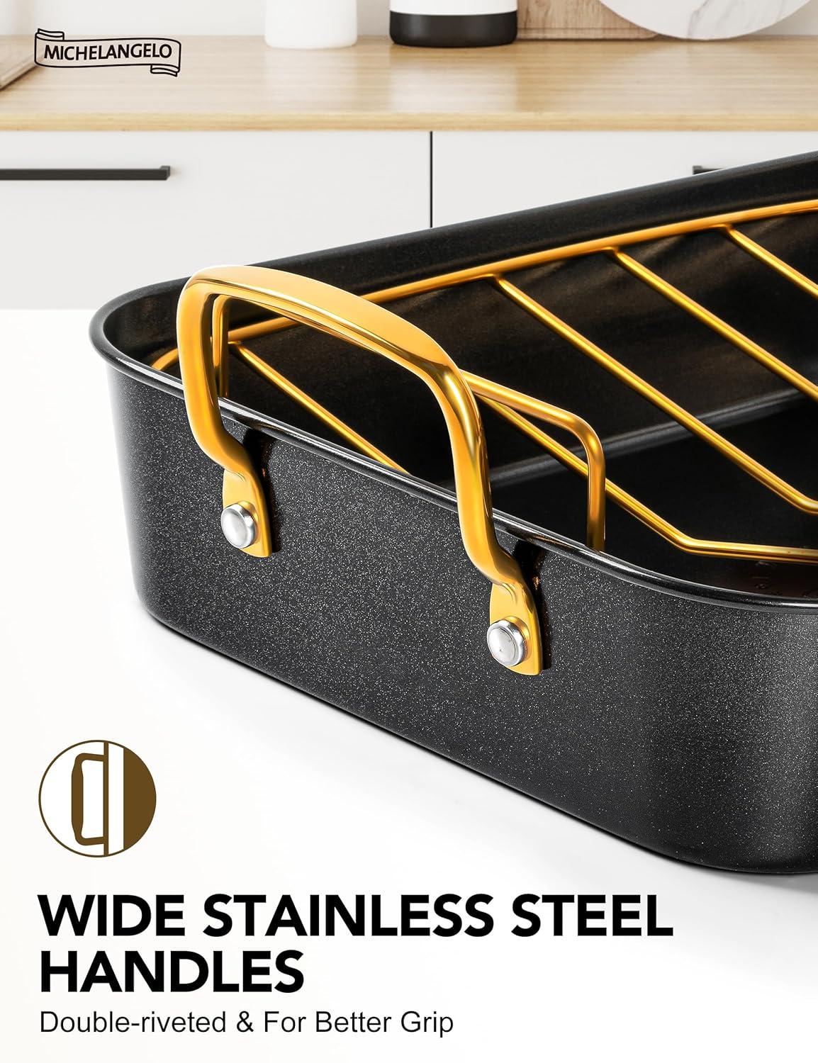 image:imageMICHELANGELO Roasting Pan with Rack Carbon Steel Turkey Roasting Pan for Oven and Induction Nonstick Turkey Roaster Pan with Stainless Steel Golden Rack amp Golden Handle 15 Inch x 11 InchBlack