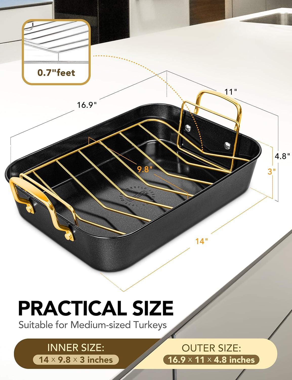 image:imageMICHELANGELO Roasting Pan with Rack Carbon Steel Turkey Roasting Pan for Oven and Induction Nonstick Turkey Roaster Pan with Stainless Steel Golden Rack amp Golden Handle 15 Inch x 11 InchBlack