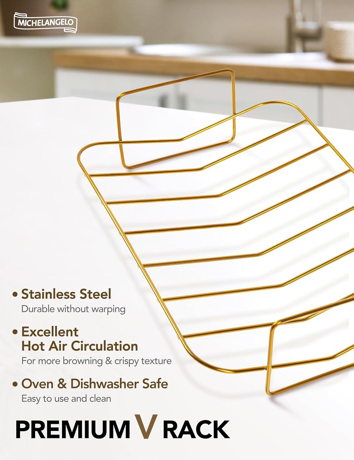 image:imageMICHELANGELO Roasting Pan with Rack Carbon Steel Turkey Roasting Pan for Oven and Induction Nonstick Turkey Roaster Pan with Stainless Steel Golden Rack amp Golden Handle 15 Inch x 11 InchBlack