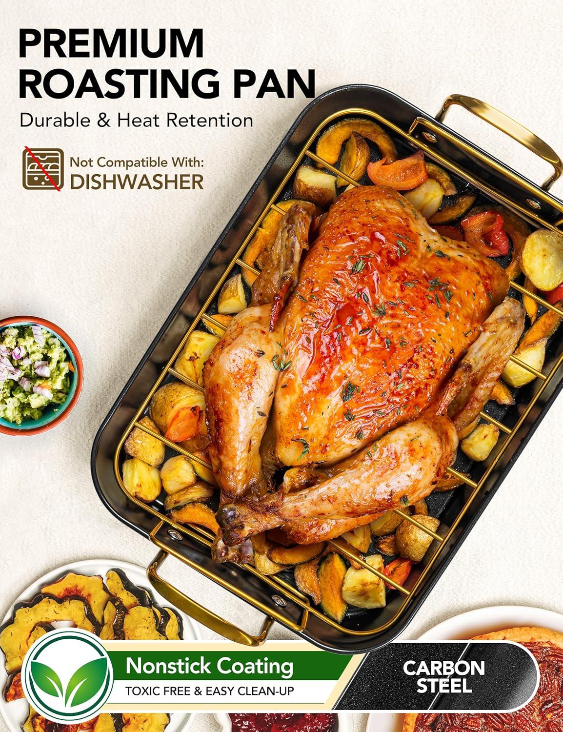 image:imageMICHELANGELO Roasting Pan with Rack Carbon Steel Turkey Roasting Pan for Oven and Induction Nonstick Turkey Roaster Pan with Stainless Steel Golden Rack amp Golden Handle 15 Inch x 11 InchBlack