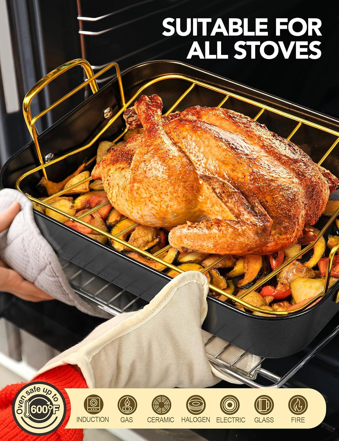 image:imageMICHELANGELO Roasting Pan with Rack Carbon Steel Turkey Roasting Pan for Oven and Induction Nonstick Turkey Roaster Pan with Stainless Steel Golden Rack amp Golden Handle 15 Inch x 11 InchBlack