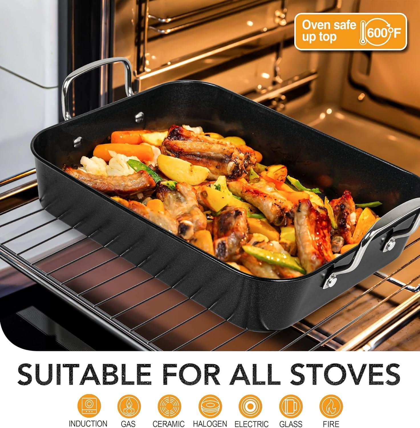 image:imageMICHELANGELO Roasting Pan with Rack Carbon Steel Turkey Roasting Pan for Oven and Induction Nonstick Turkey Roaster Pan with Stainless Steel Golden Rack amp Golden Handle 15 Inch x 11 InchSilver