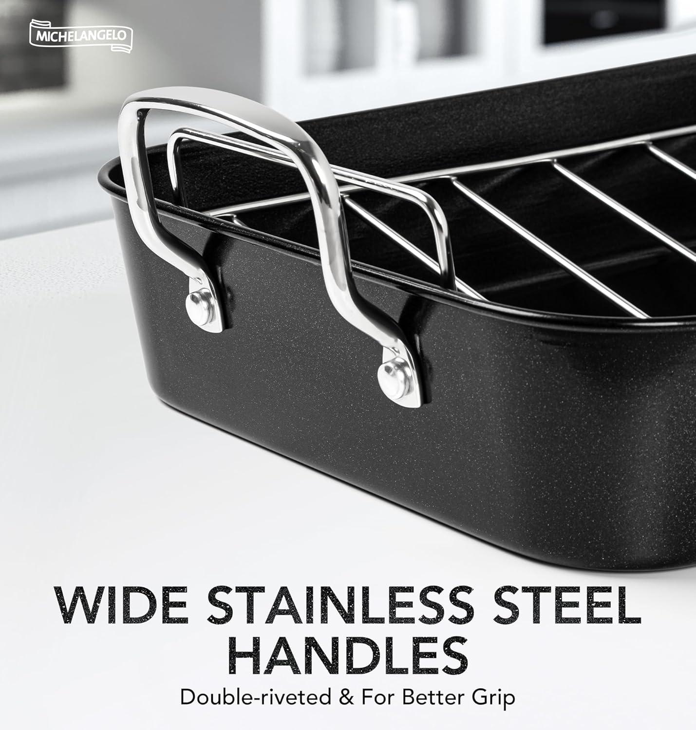 image:imageMICHELANGELO Roasting Pan with Rack Carbon Steel Turkey Roasting Pan for Oven and Induction Nonstick Turkey Roaster Pan with Stainless Steel Golden Rack amp Golden Handle 15 Inch x 11 InchSilver