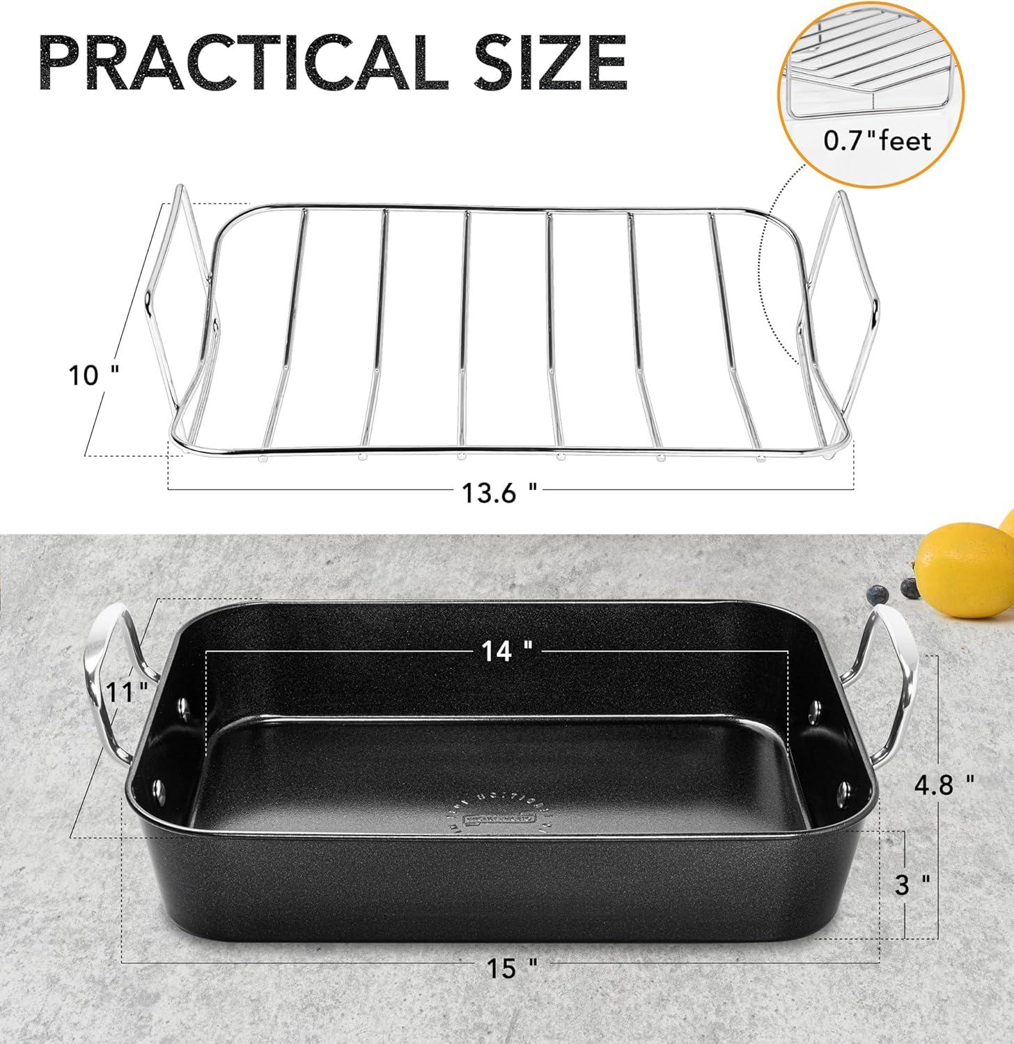 image:imageMICHELANGELO Roasting Pan with Rack Carbon Steel Turkey Roasting Pan for Oven and Induction Nonstick Turkey Roaster Pan with Stainless Steel Golden Rack amp Golden Handle 15 Inch x 11 InchSilver