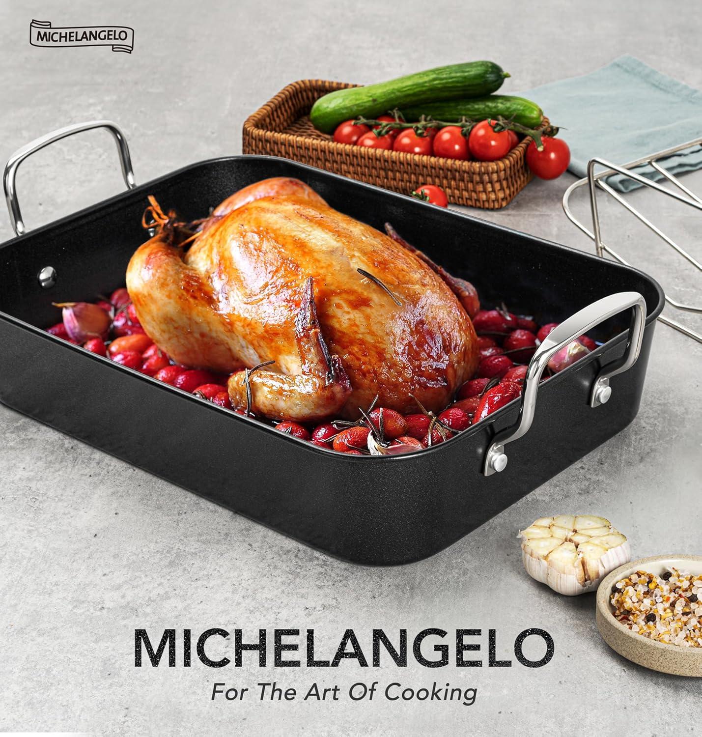 image:imageMICHELANGELO Roasting Pan with Rack Carbon Steel Turkey Roasting Pan for Oven and Induction Nonstick Turkey Roaster Pan with Stainless Steel Golden Rack amp Golden Handle 15 Inch x 11 InchSilver