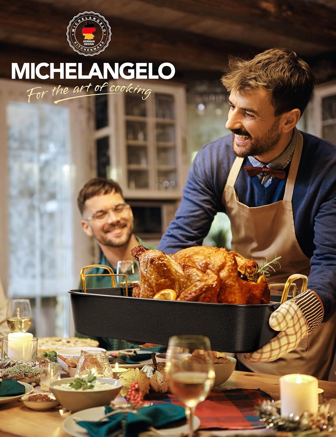 image:imageMICHELANGELO Roasting Pan with Rack Carbon Steel Turkey Roasting Pan for Oven and Induction Nonstick Turkey Roaster Pan with Stainless Steel Golden Rack amp Golden Handle 15 Inch x 11 InchBlack
